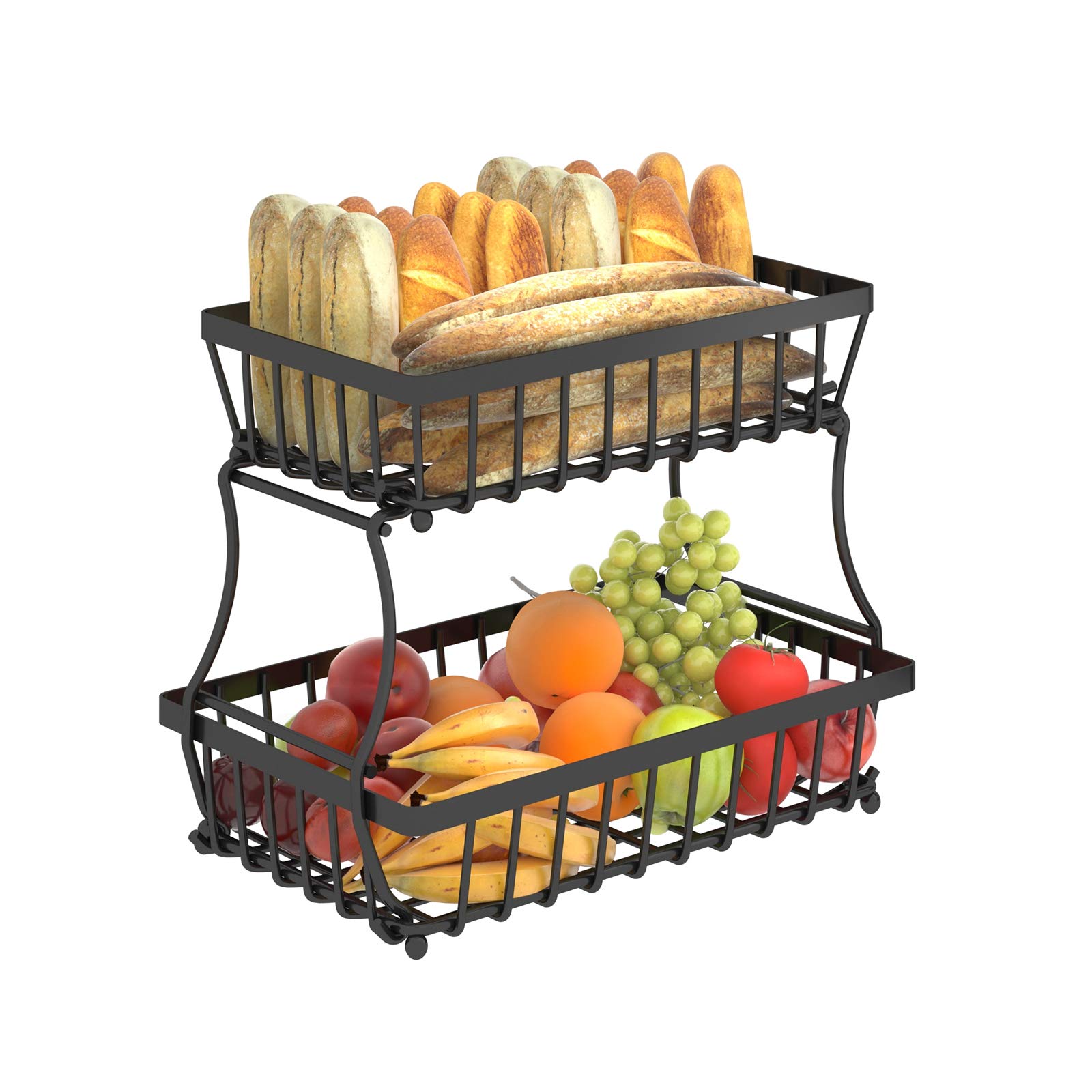 Apsan 2-Tier Metal Wire Fruit Basket for Kitchen Countertop - Detachable Rectangular Storage Organizer for Fruits, Vegetables, Bread - Black Medium Size | Perfect for Pantry, Dining Table & Small Space Organization