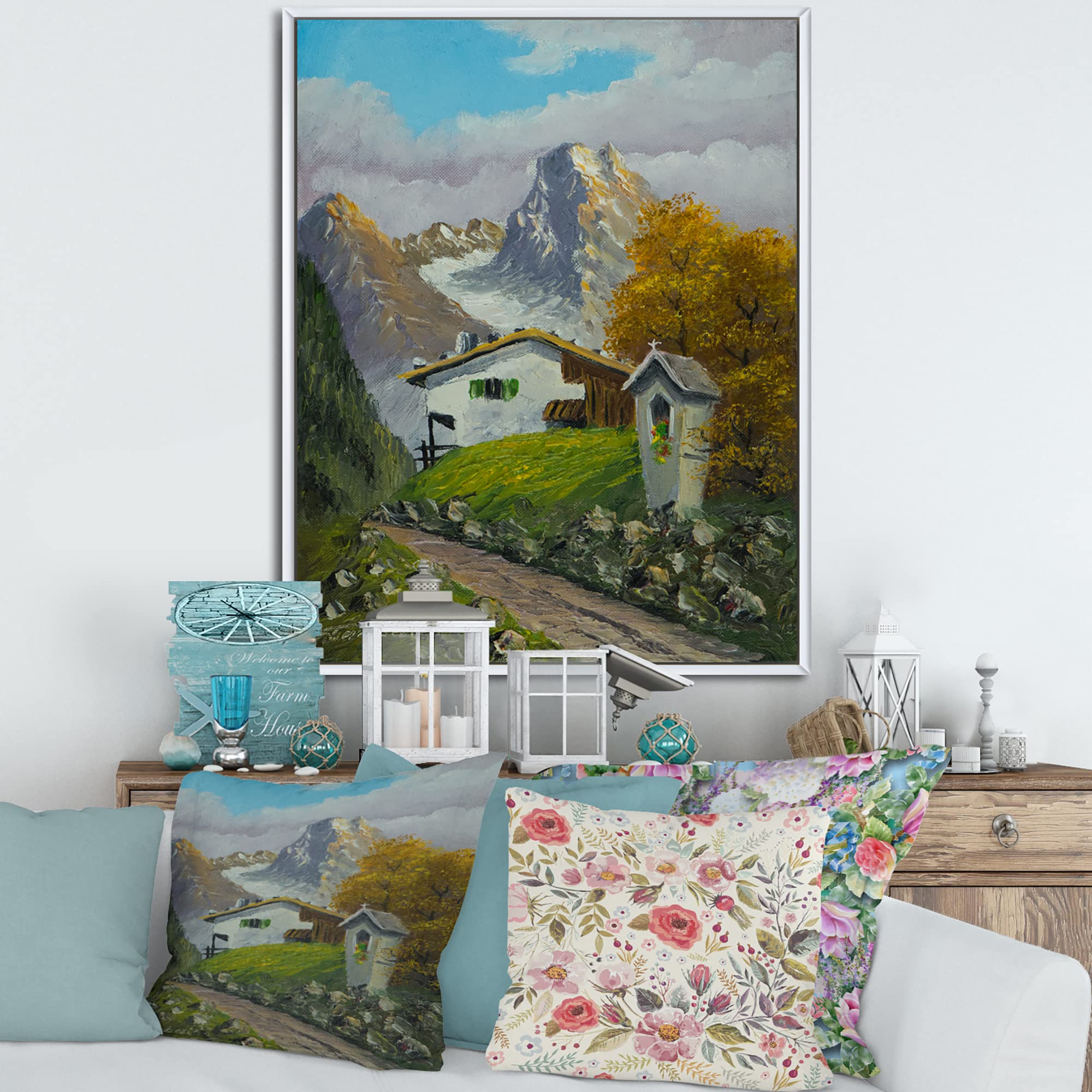Farmhouse Framed Canvas Wall Art Print - Wayside Shrine Landscape Painting for Home & Office Decor | Perfect for Living Room, Bedroom or Country Style Interior Design