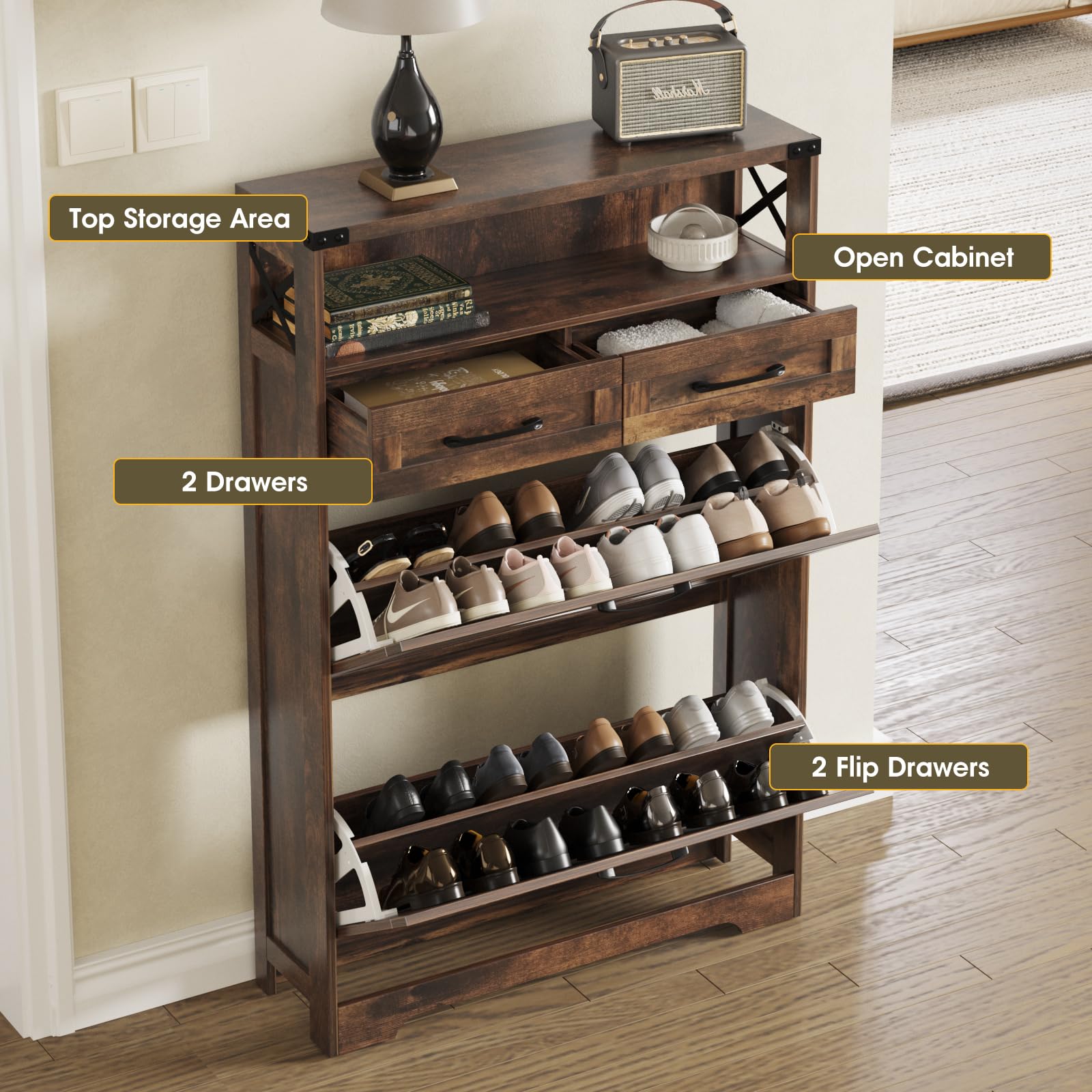 Farmhouse Shoe Storage Cabinet with 2 Flip Drawers & 2 Drawers - Rustic Brown Entryway Organizer for Shoes, Boots & Accessories | Perfect for Small Spaces, Hallway, Front Door & Apartment Entry Storage