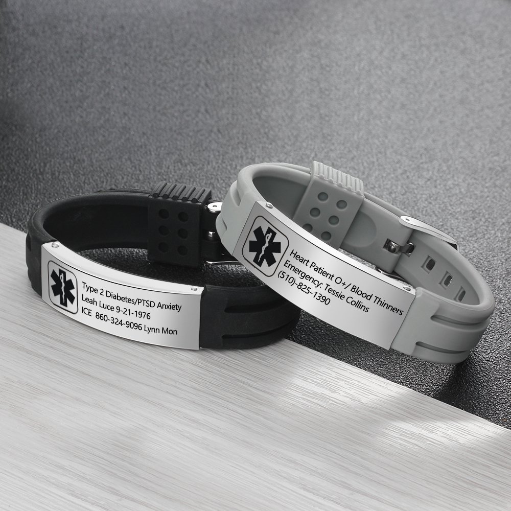 Adjustable Medical Alert ID Bracelet for Women & Men - Personalized Silicone Sport Wristband for Kids & Adults - Perfect for Allergies, Diabetes & Emergency Identification