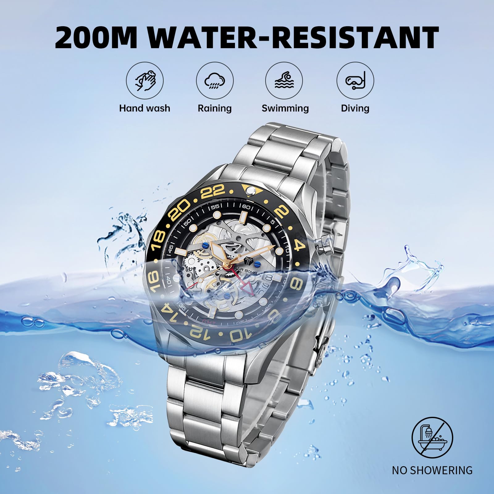 Luxury Automatic Square Tonneau Men's Watch - 50M Waterproof Skeleton Mechanical Silver Wristwatch with Silicone Strap | Stylish & Unique Design for Business, Casual & Formal Occasions