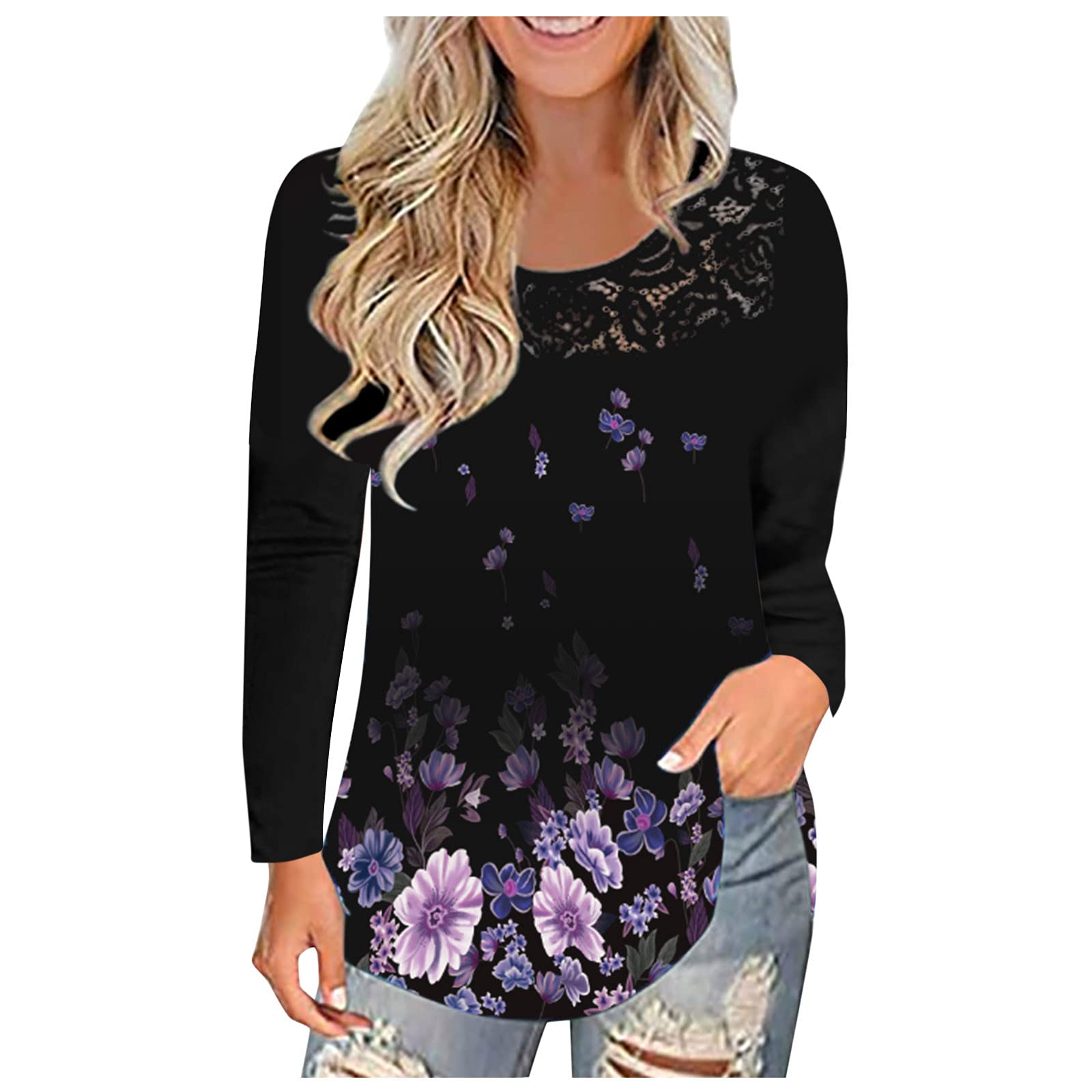 Women's Floral Print Tunic Tops - Long Sleeve O-Neck Casual Blouse with Lace Detail | Perfect for Work, Date Night & Everyday Wear