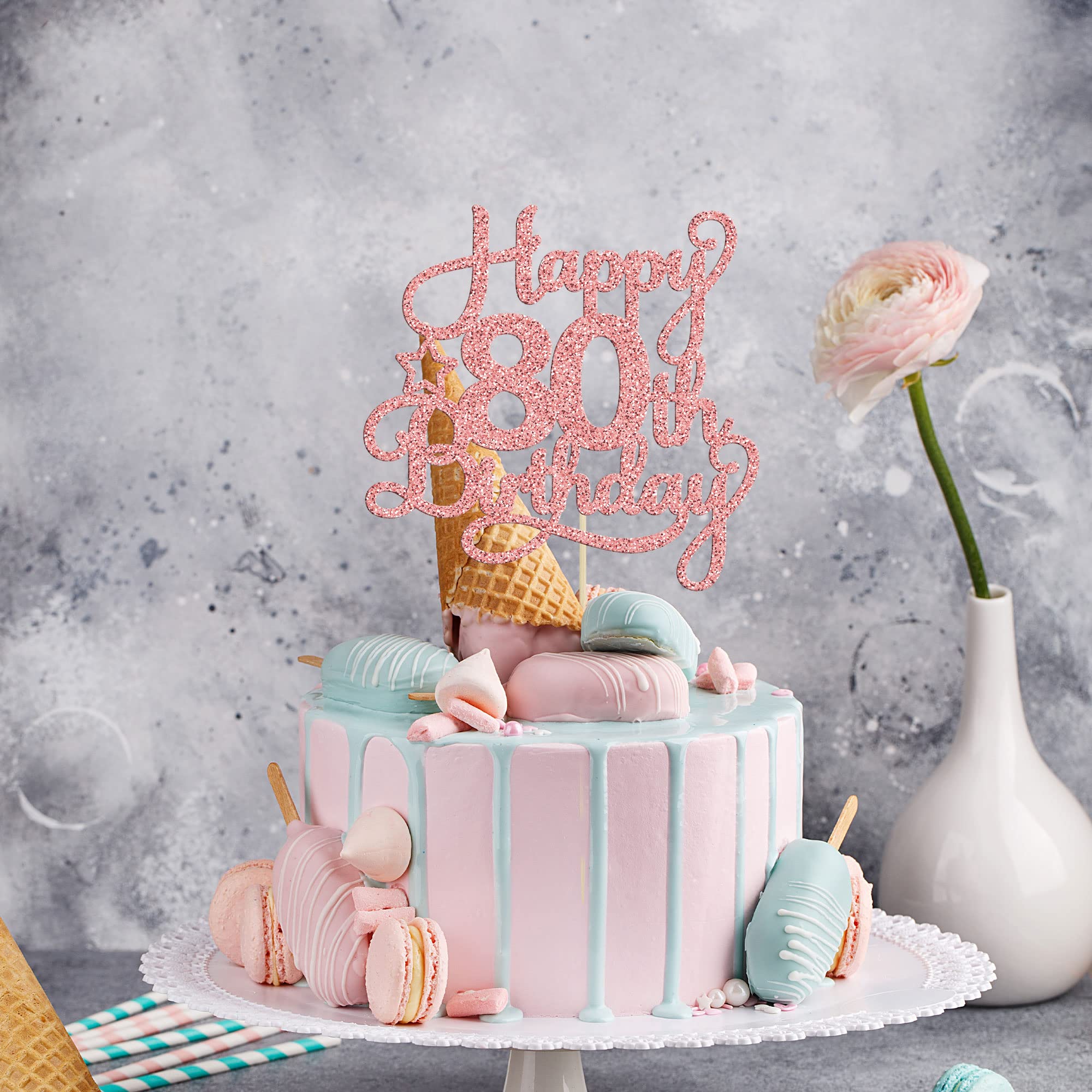 1 Pack Rose Gold Glitter 80th Birthday Cake Topper - '80 & Fabulous Cheers to 80 Years' Cake Decorations for 80th Birthday Party, Anniversary Celebration, and Special Occasions