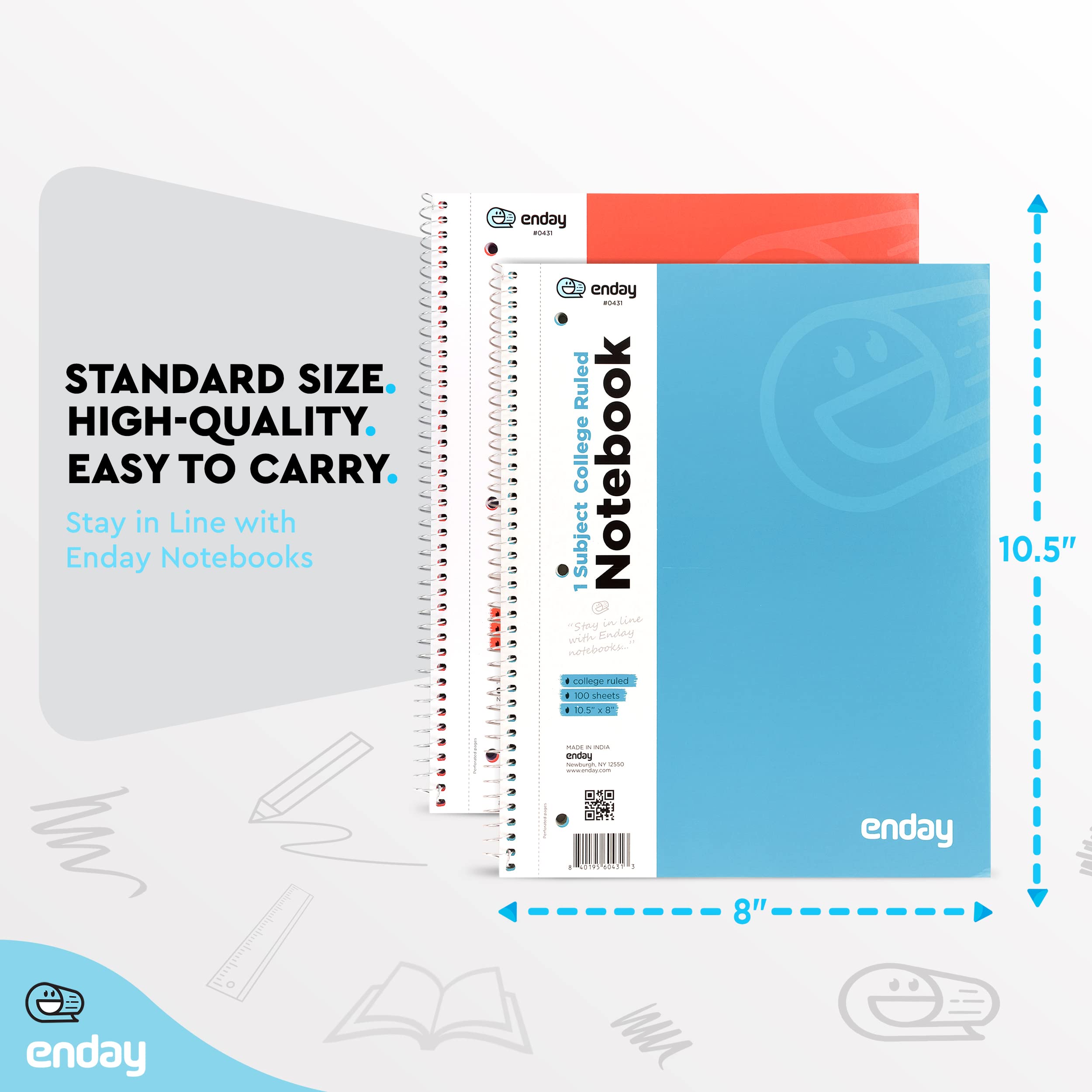 Enday College Ruled Notebook 6-Pack - 1 Subject Spiral Bound Hardcover Notebooks with 70 Lined Sheets for School, College & Office - Perfect for Note Taking, Journaling & Study Sessions