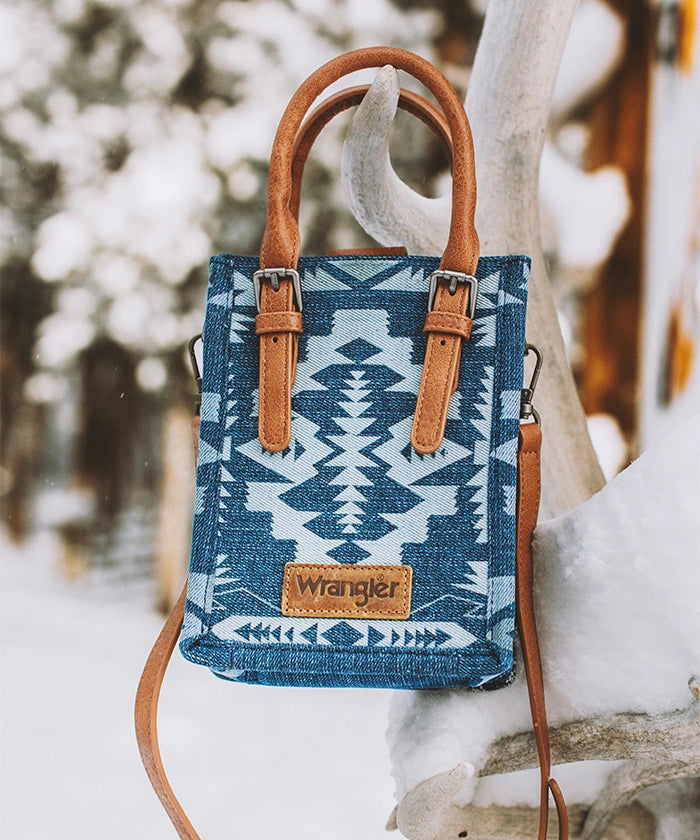 Wrangler Aztec Print Canvas Phone Purse for Women - Crossbody Cell Phone Bag with Adjustable Strap - Perfect for Travel, Concerts, and Everyday Use