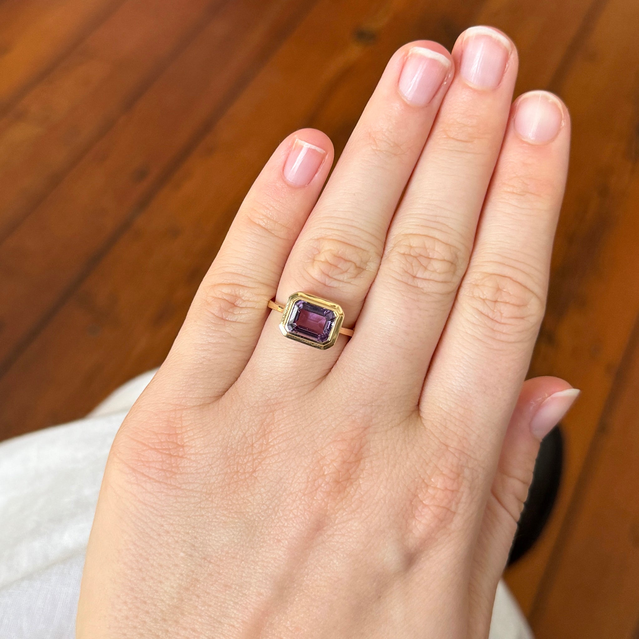 Goshwara Emerald Cut Amethyst Bezel Set 18K Gold Ring for Women | Elegant Wedding, Engagement & Anniversary Jewelry Gift