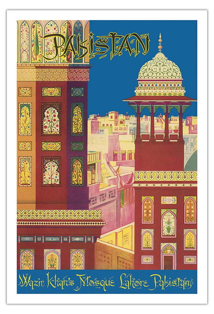 Vintage Pakistan Travel Poster - Wazir Khan's Mosque in Lahore, 1950s Muslim Architecture Art Print, Unframed Fine Art Matte Paper 30x44 inches - Perfect for Home Decor, Office Wall Art & Cultural Gift