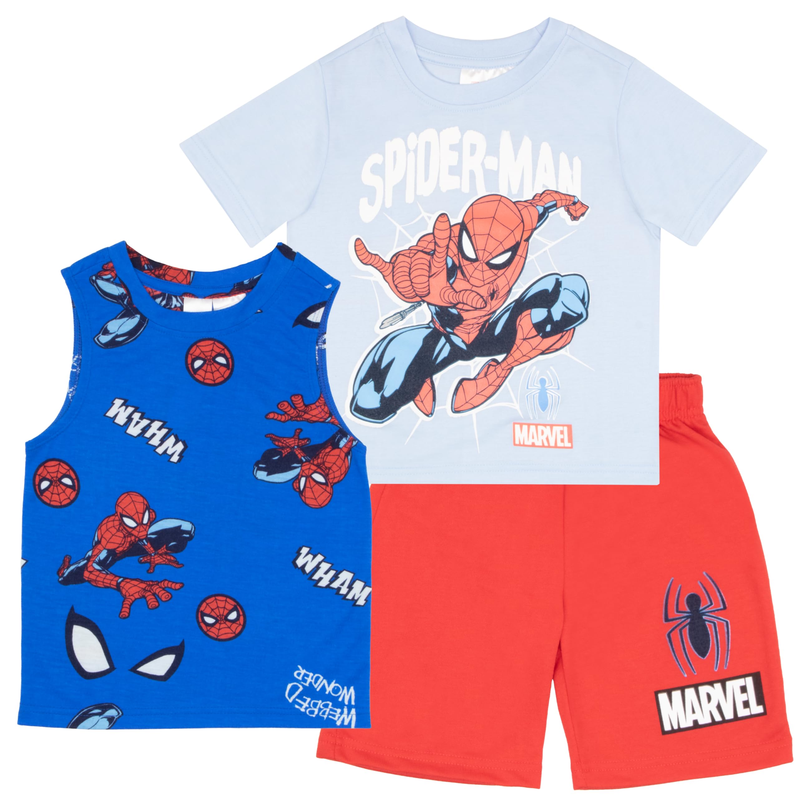 Marvel Spider-Man and Avengers Boys 3-Piece Outfit Set - Short Sleeve T-Shirt, Tank Top & Athletic Shorts | Superhero Costume for Kids, Birthday Gift & Cosplay | Perfect for Halloween, Dress-Up & Everyday Play