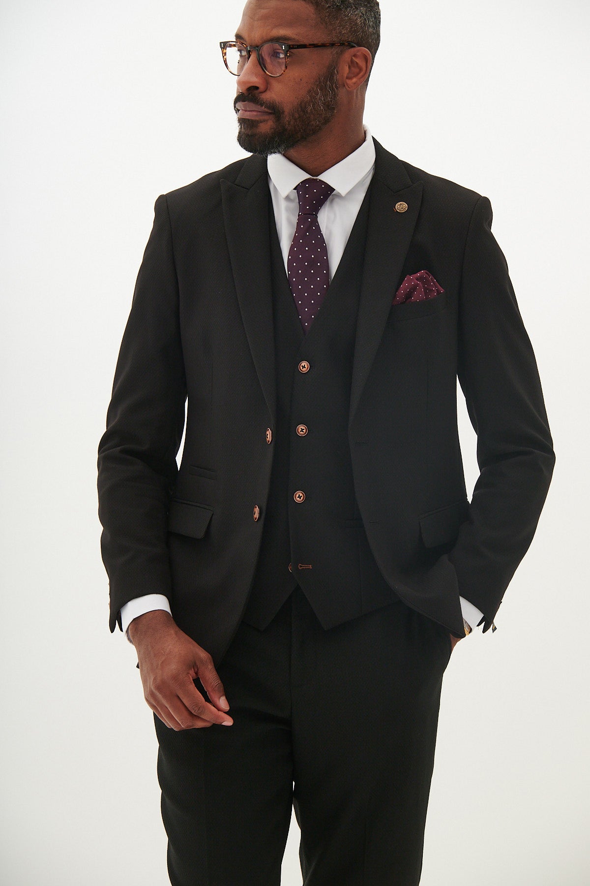 Premium Black Three-Piece Suit with Contrast Buttons for Men - Formal Business Attire, Wedding & Special Occasions