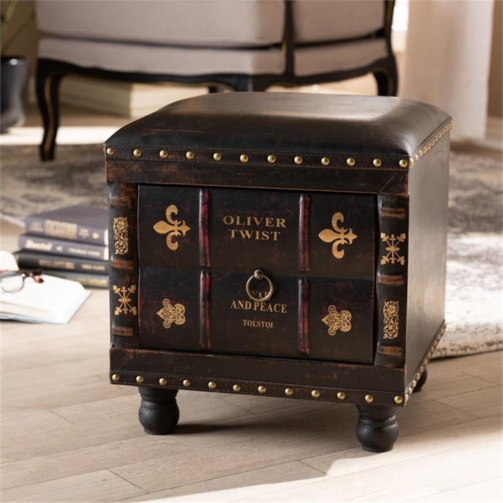 BOWERY HILL Dark Brown Faux Leather Storage Ottoman with Wooden Legs - Perfect for Living Room, Bedroom & Home Office Organization