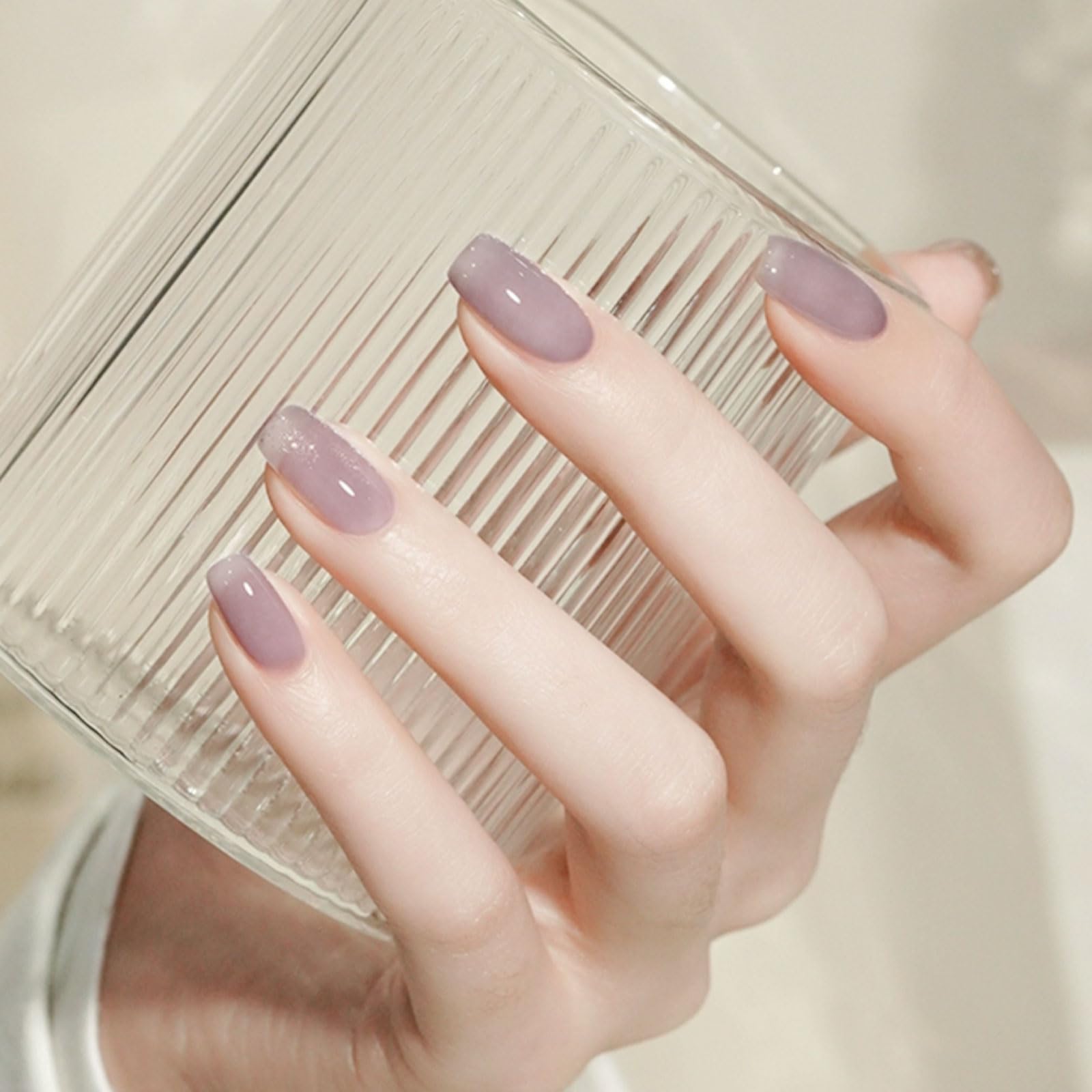 JMEOWIO Semi Cured Gel Nail Strips - Cream Purple Grey DIY Nail Stickers for Salon Quality Manicure at Home | Nail Art Design & Decoration Accessories | Perfect for Parties, Weddings & Everyday Wear