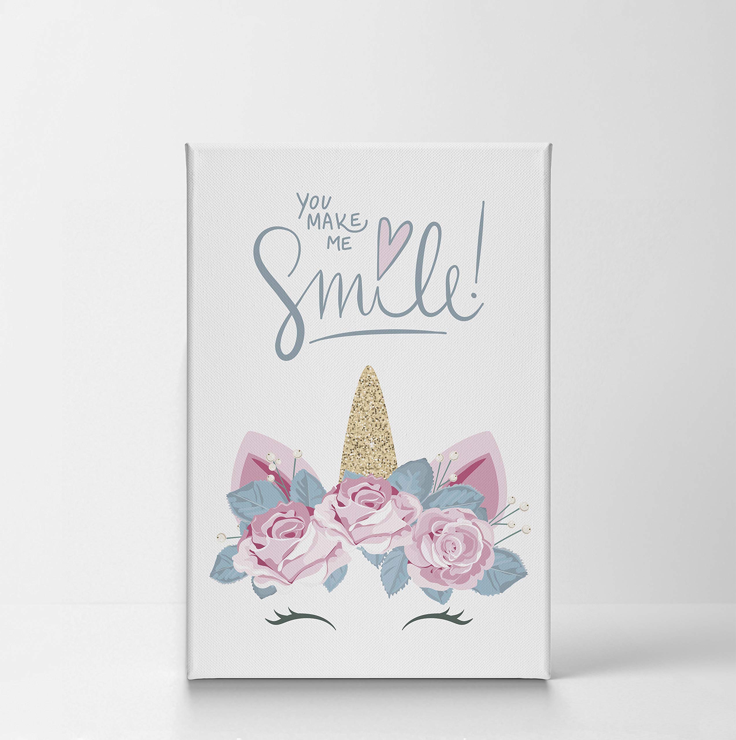 Golden Horn Unicorn with Pink Flowers Canvas Print - Inspirational Quote Wall Art for Kids Room, Nursery & Baby Room Decor - Ready to Hang Made in USA (17x11) - Perfect for Birthday Gifts, Baby Showers & Children's Bedroom Decorations