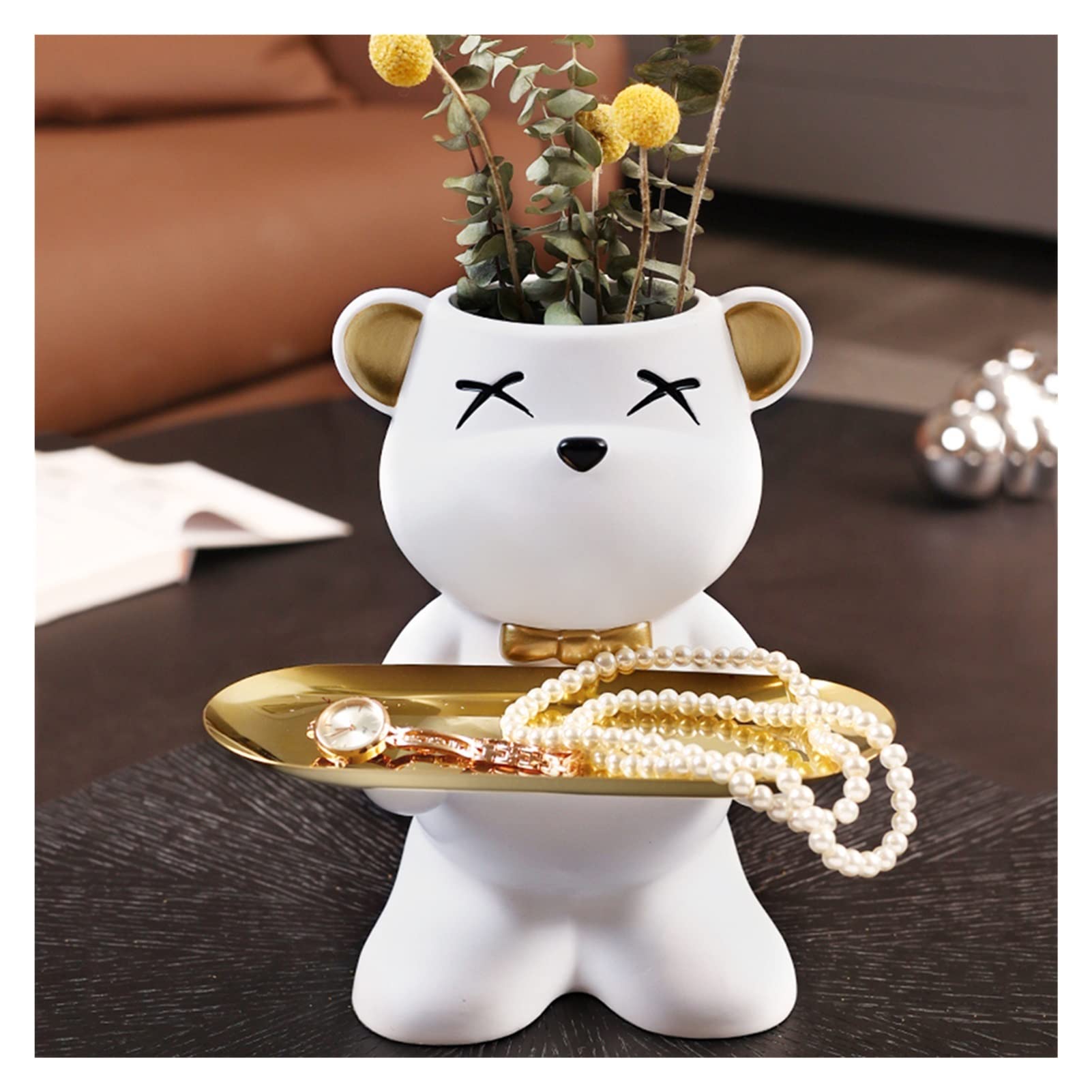 Cute Bear Figurine Vase - Resin Animal Sculpture Key & Jewelry Holder, Candy Dish Tray for Home Decor - Perfect for Living Room, Bedroom, Entryway or Desk (White)