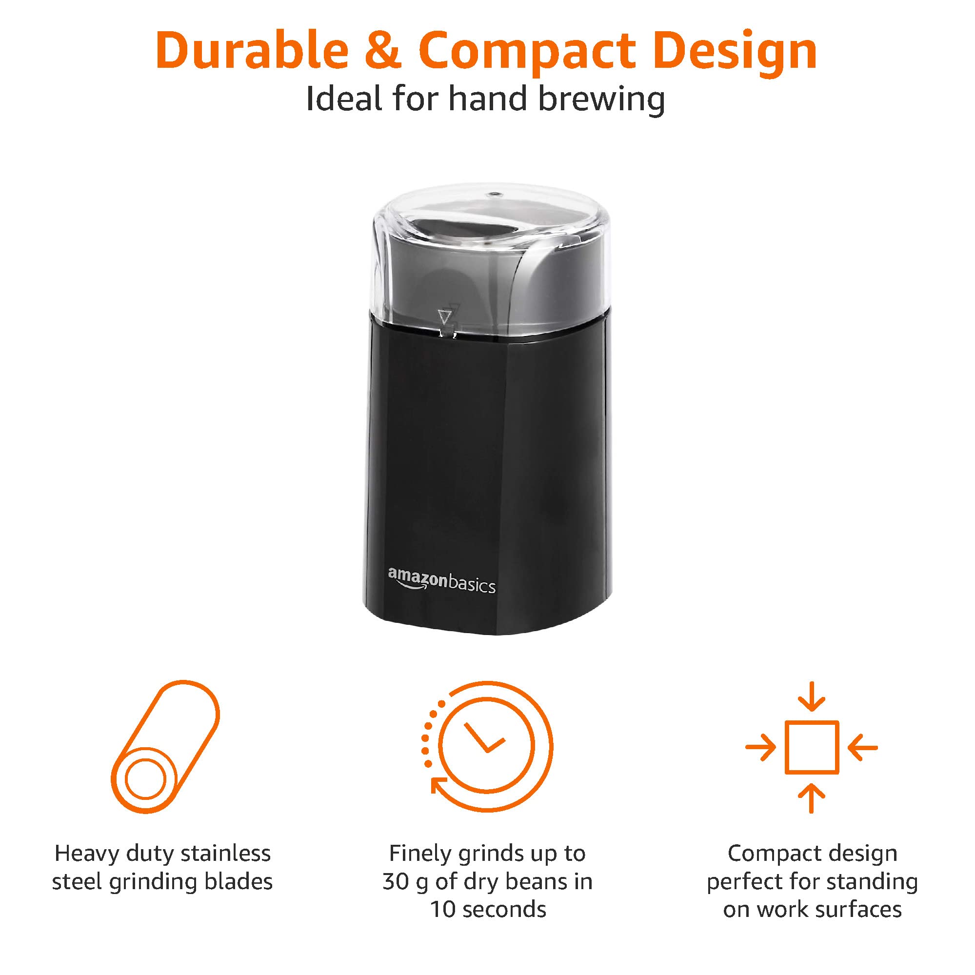 Amazon Basics Electric Coffee Grinder - Black | Freshly Ground Coffee for Espresso, Drip, French Press & More | Compact & Quiet Design for Home or Office Use