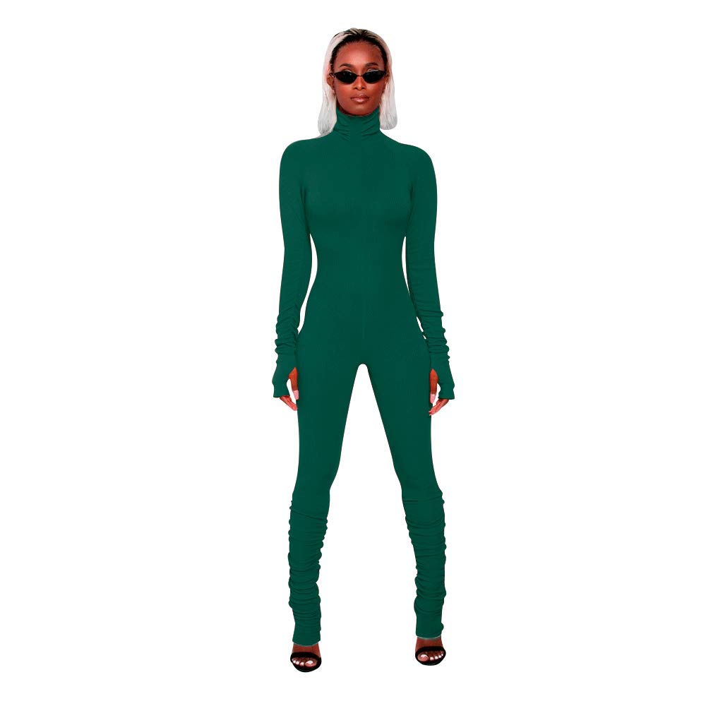 Hibshaby Women's Bodycon Jumpsuit with Zipper High Neck & Long Sleeves - Sexy Romper Outfit for Night Out, Party, or Date Night