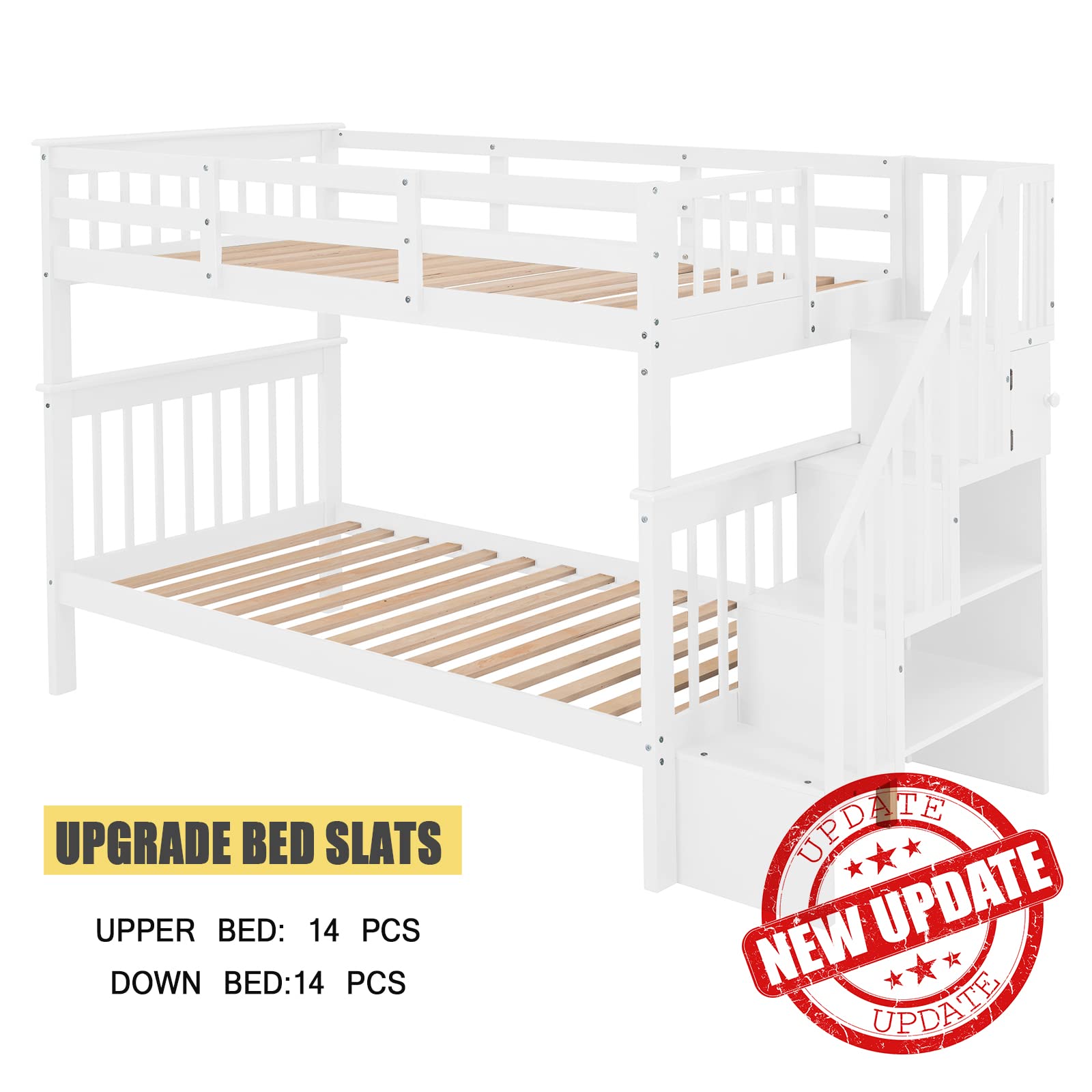 Harper & Bright Designs Twin Over Twin Wooden Bunk Bed with Stairs - Space-Saving Kids Bunk Bed with Storage Drawers & Safety Guard Rail - Perfect for Small Bedrooms, Dorm Rooms & Shared Kids' Spaces (White)