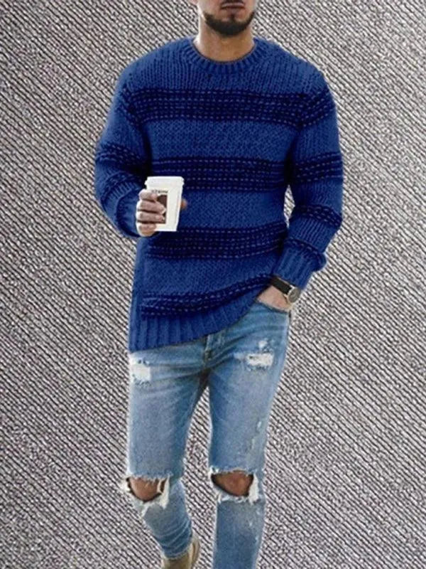 Men's Striped Round Neck Pullover Sweater - Casual Winter Knitwear for Office, Outdoors & Daily Wear