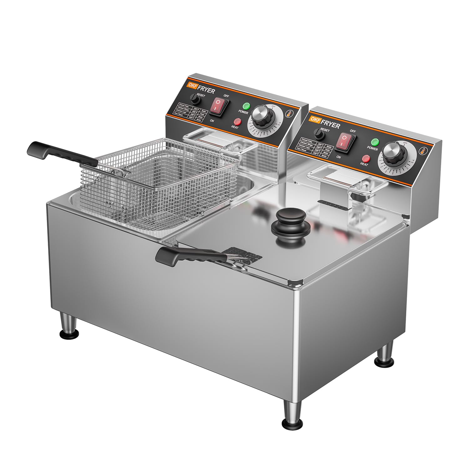 OKF 24L Commercial Deep Fryer - 3600W, 120V with 2 Baskets & Lids - 1mm Thickened Stainless Steel - Safety Switch & Overheat Protection - Perfect for Restaurants, Food Trucks & Home Kitchens