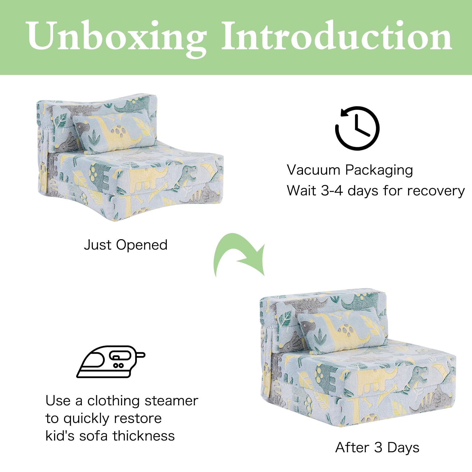 Tiita Kids Folding Sofa Bed - Convertible Toddler Floor Bed & Nap Mat with Storage Bag | Green Dinosaur Design | Perfect for Playrooms, Daycare & Sleepovers