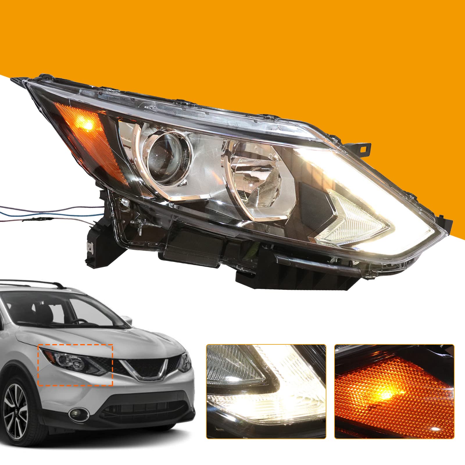 LOYALHEARTDY Replacement Halogen Headlight Assembly for 2017-2019 Nissan Rogue Sport & Qashqai - Right Passenger Side (Part# 26060-6Ma0A/260606Ma0A) | US Stock | Improved Night Visibility & Safety Driving