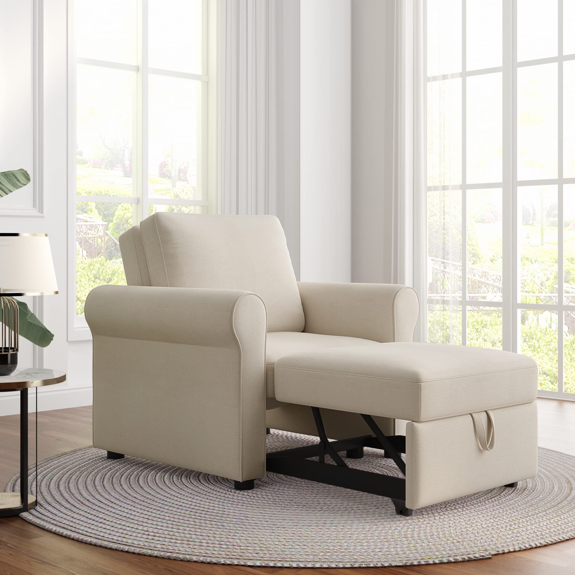 3-in-1 Pull Out Sleeper Chair Convertible to Single Bed - Comfortable Sofa Bed for Small Spaces, Guest Room & Studio Apartments - Beige