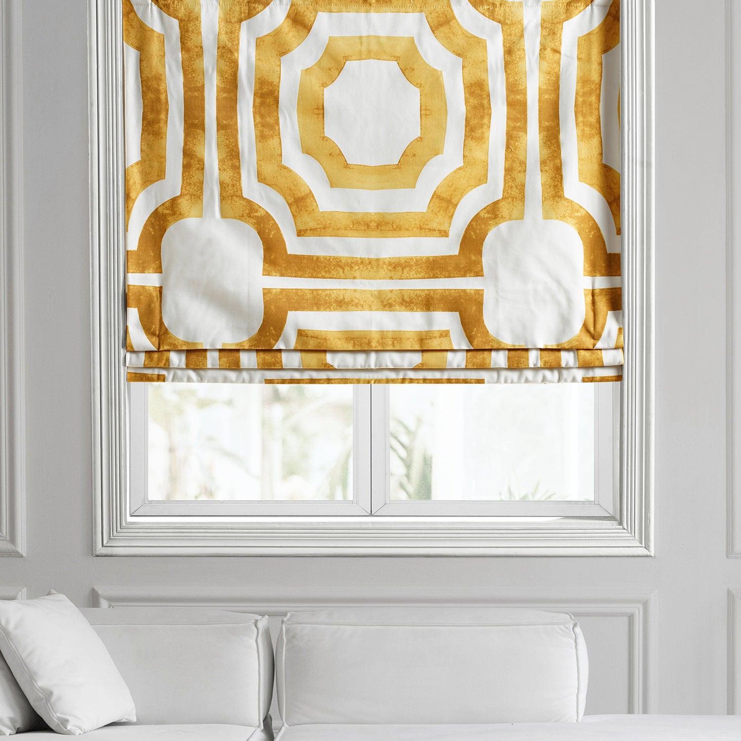 Mecca Gold Geometric Printed Cotton Roman Shade - Elegant Window Treatment for Living Room, Bedroom & Office Decor