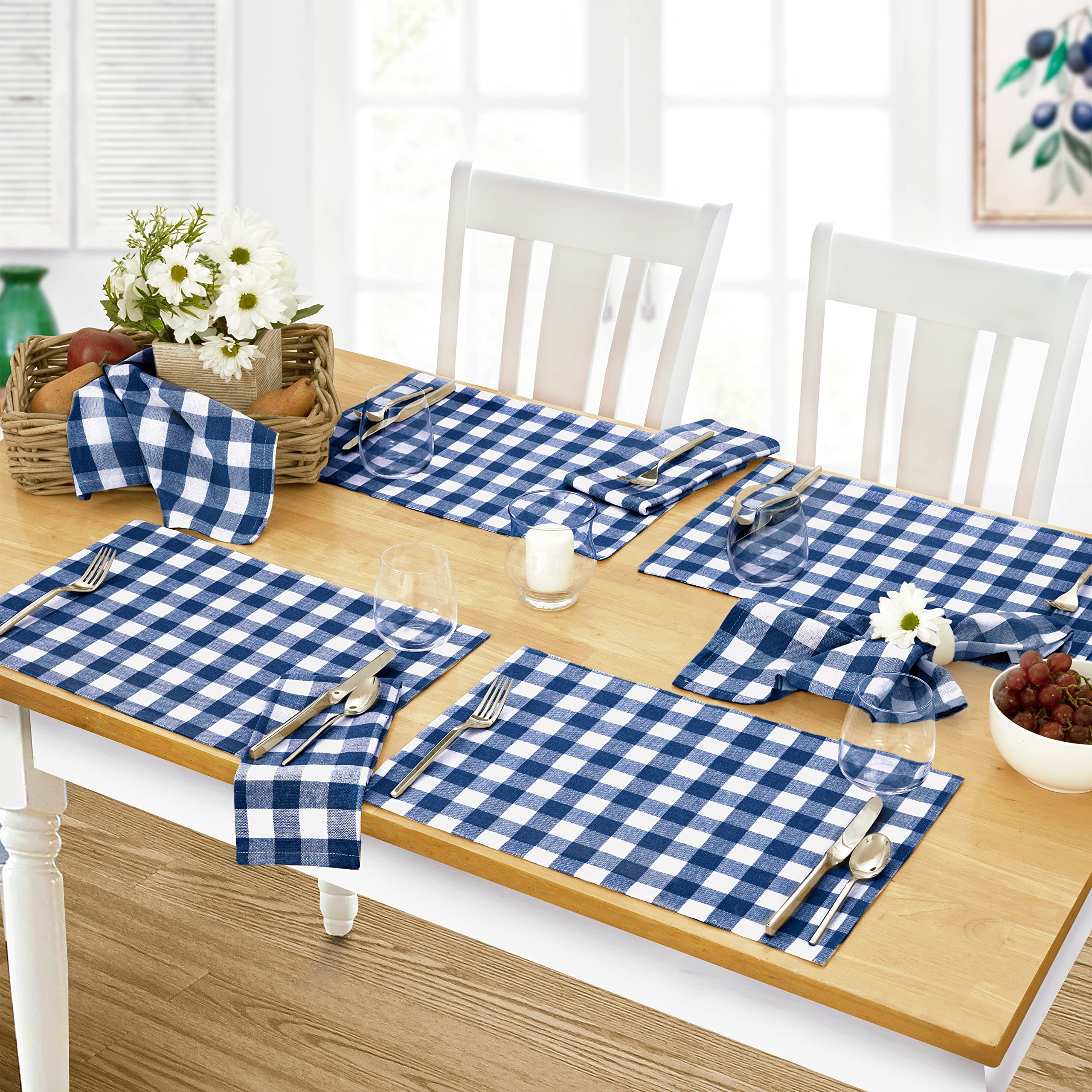 Rustic Buffalo Plaid Cotton Placemats Set of 4 - Blue Checkered Cottage Gingham Table Mats - Easy Care & Durable - Perfect for Farmhouse Dining, Kitchen Decor & Holiday Tablescapes