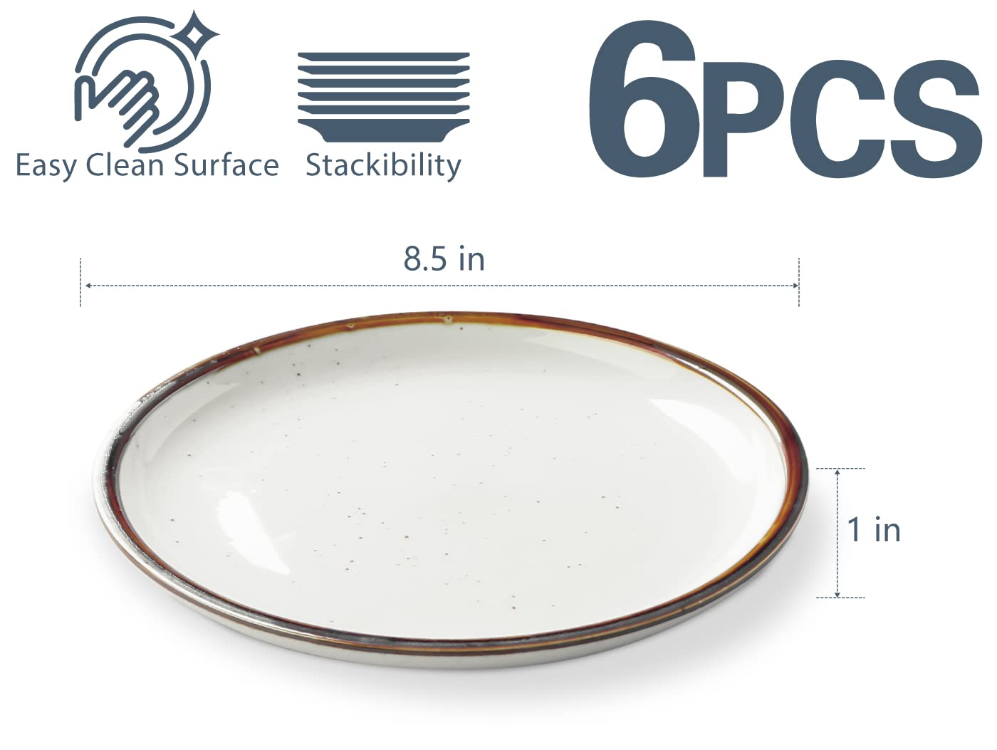 ONEMORE 6-Piece 8.5 Inch Ceramic Dinner Plates Set - Appetizer, Salad & Dessert Plates | Oven, Microwave & Dishwasher Safe Porcelain Dishes | Rustic Kitchen Tableware in Cream White | Perfect for Family Dinners, Parties & Restaurant Use