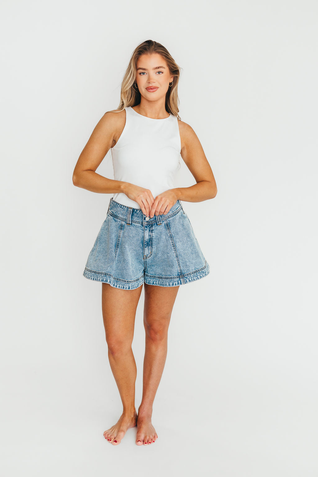 Helena Washed Denim Skort for Women - High Waisted Stretch Denim Skirt with Shorts - Perfect for Casual Outfits, Summer Dresses & Outdoor Activities