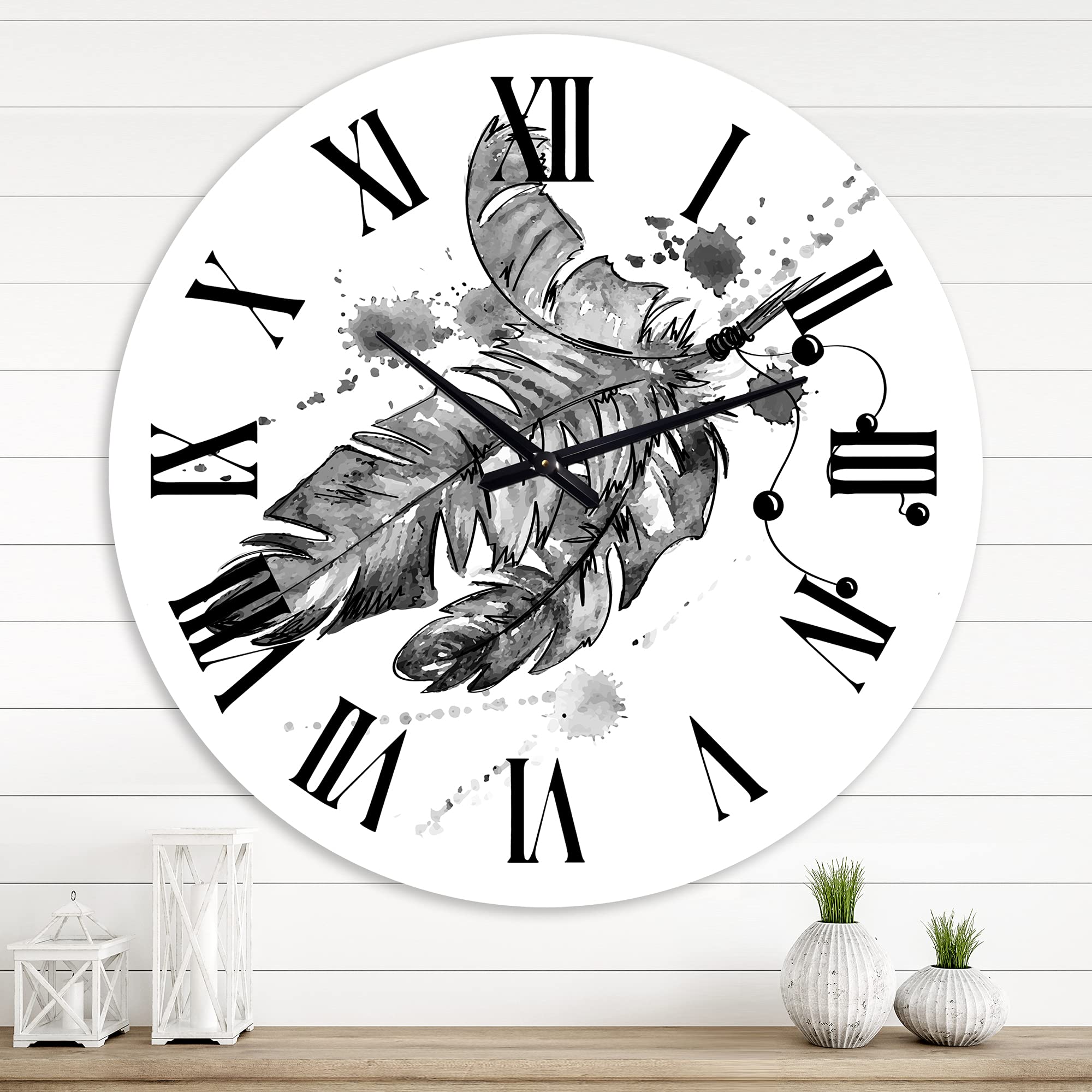 DesignQ Traditional Large Wall Clock with Black Bird Feathers Impression - Vintage Animal Wall Clock for Kitchen, Living Room, Bedroom & Office Decor