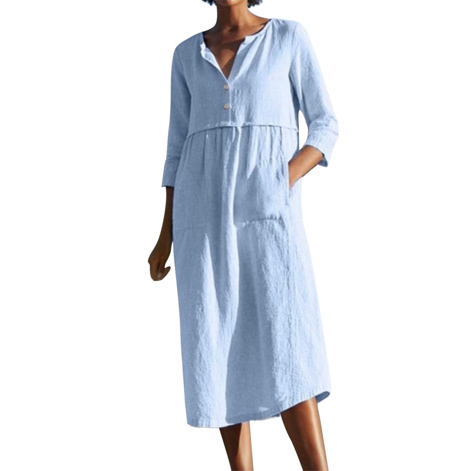 Women's Loose Fit Cotton Linen Maxi Dress - V Neck Rolled Sleeve Button Down Shirt Dress with Side Slit | Perfect for Beach, Vacation & Summer Outfits