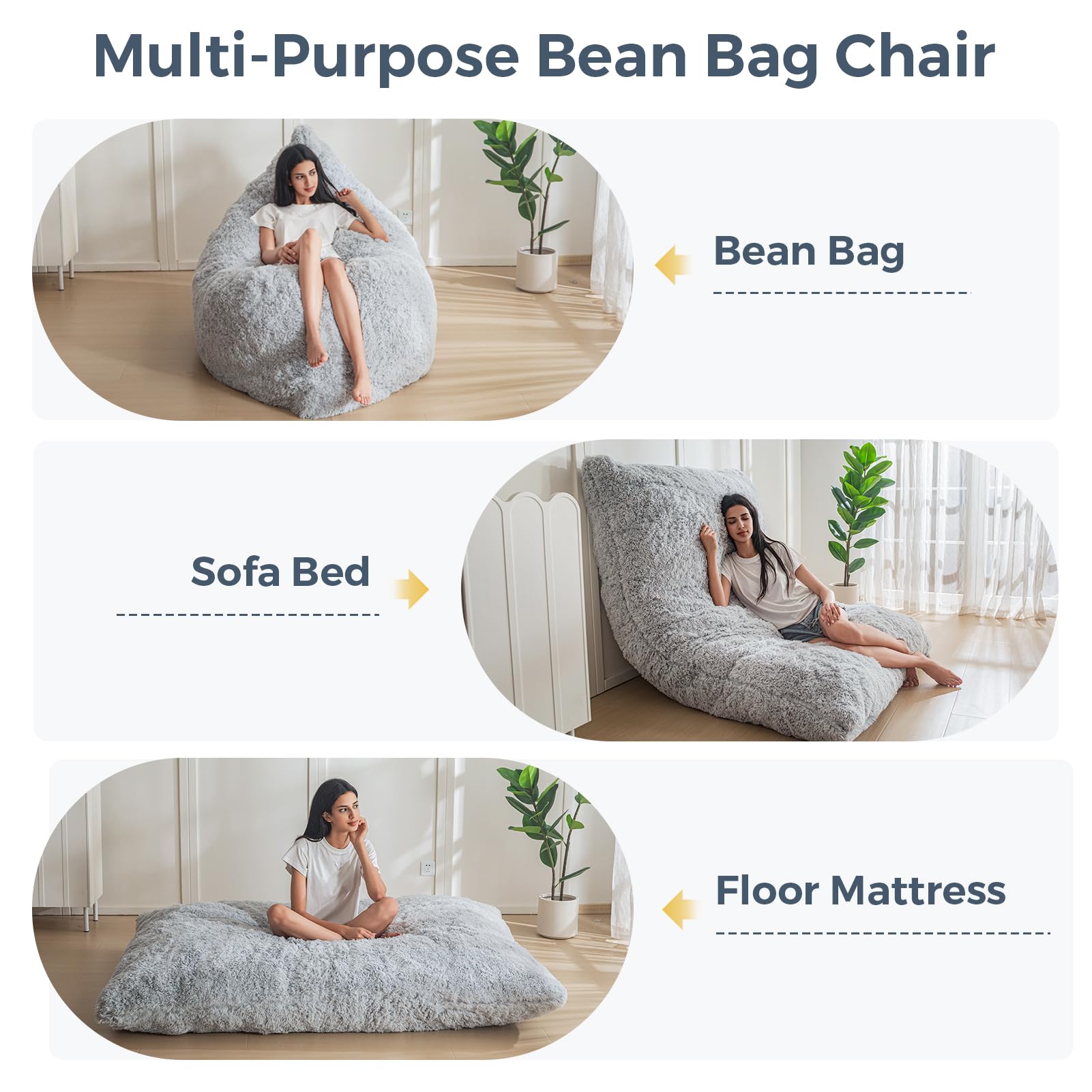 MAXYOYO 3-in-1 Convertible Bean Bag Chair - Giant Sofa Bed & Floor Mattress with High-Density Foam Filling (Grey) - Perfect for Living Room, Bedroom & Dorm Room Relaxation