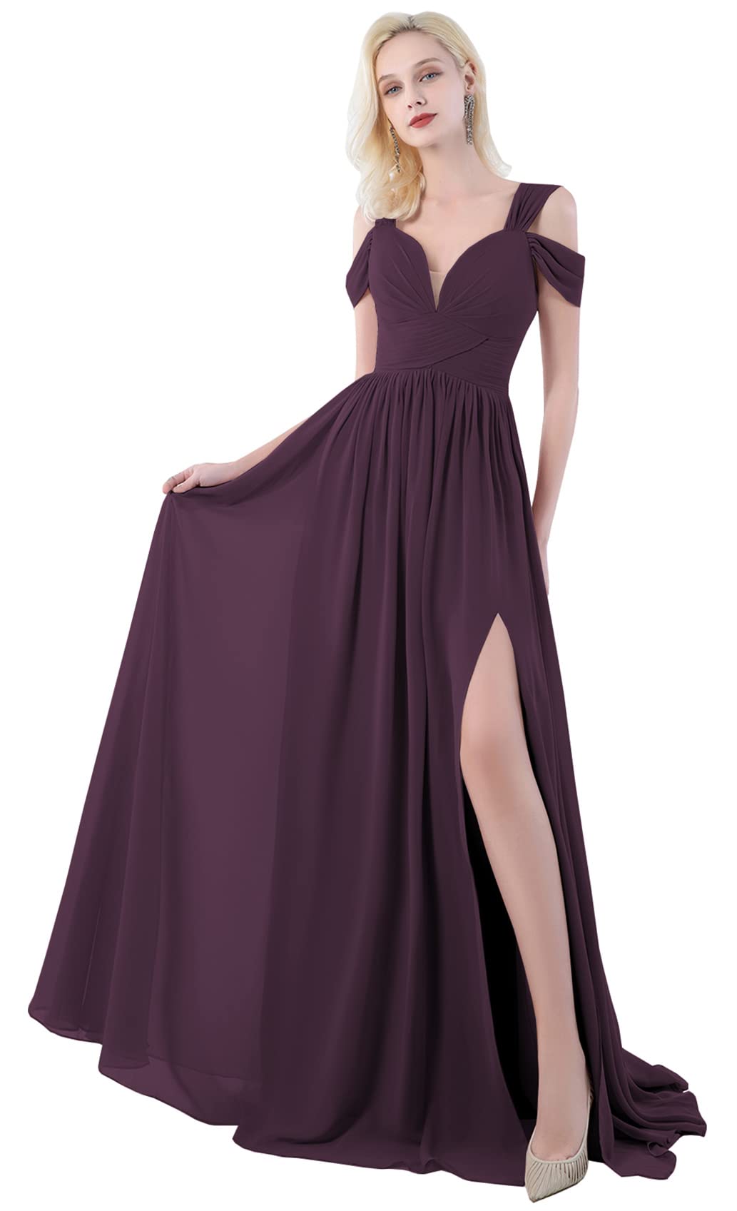 OFEYCHUN Women's Chiffon Bridesmaid Dress - Long Cold Shoulder A-Line Formal Evening Gown with High Slit | Perfect for Weddings, Prom, Cocktail Parties & Special Occasions