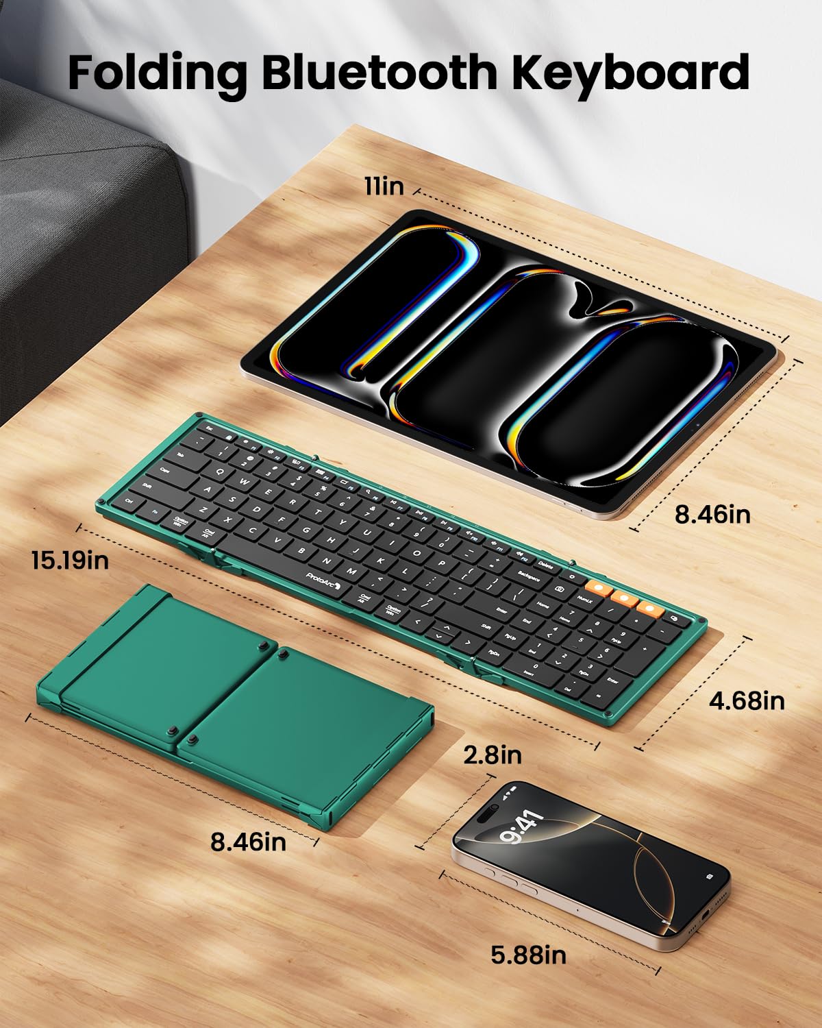ProtoArc XK01 Foldable Bluetooth Keyboard - Full-Size Wireless Portable Keyboard with Number Pad for Windows, iOS, Android Devices | Travel, Office & Home Use for Tablet, Smartphone, Laptop & PC (Dark Green)