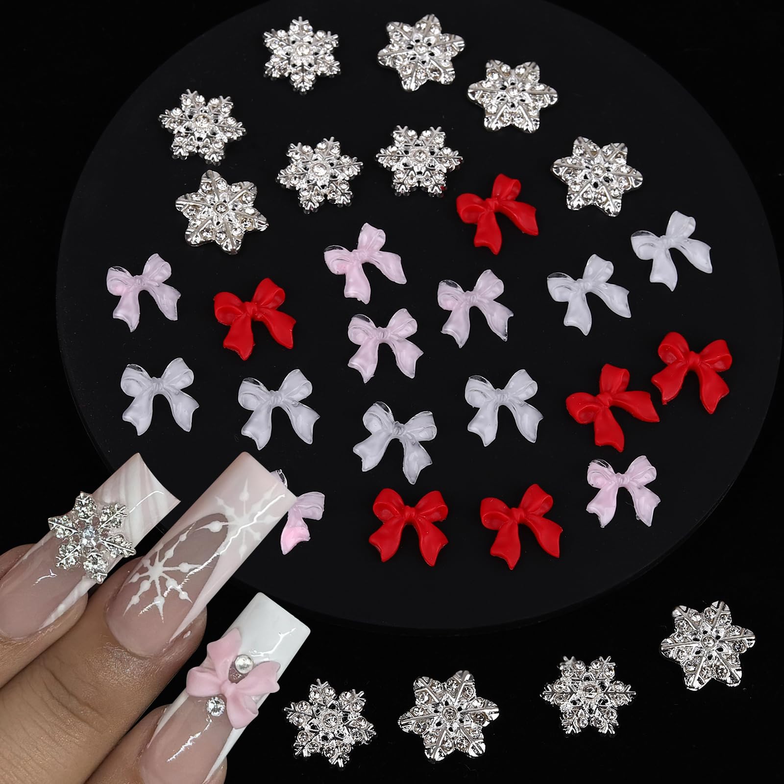 Silver Alloy Snowflake & Bow Nail Charms - 48Pcs Cute White Red Pink Rhinestone Nail Art Gems for Christmas & Winter Nail Decoration | Perfect for Women & Girls DIY Manicure, Party, Holiday Nail Designs
