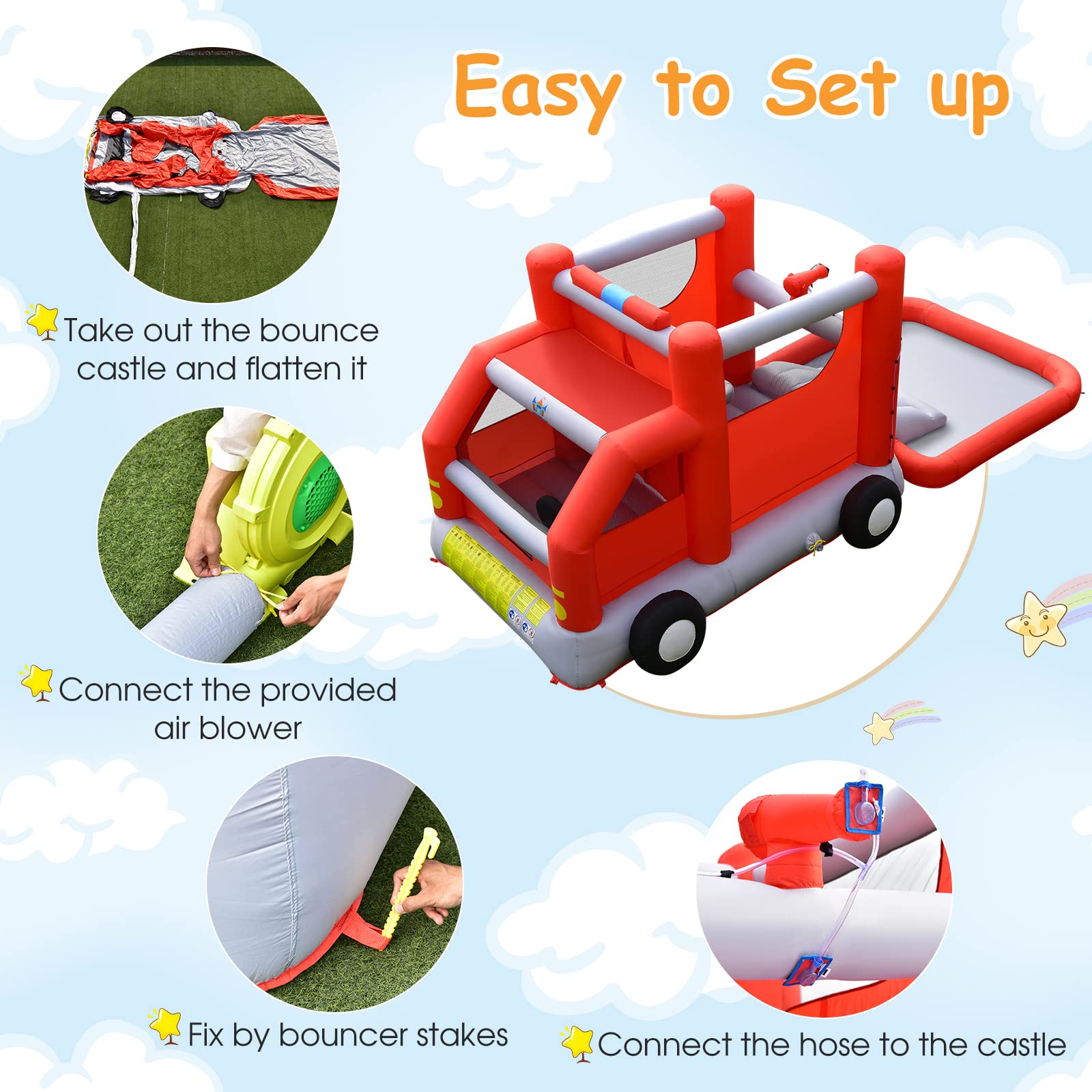 BOUNTECH Inflatable Fire Truck Water Bounce House with Slide & Splash Pool - 480W Blower Included - Wet & Dry Combo Bouncy Castle for Kids Outdoor Play - Perfect for Backyard Parties, Summer Fun & Birthday Gifts