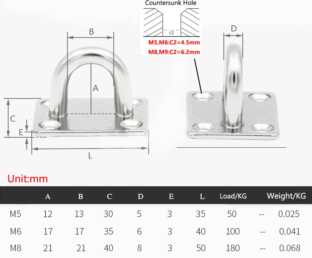 Heavy Duty 304 Stainless Steel Square Ceiling & Wall Mount Hook 5mm (3/16