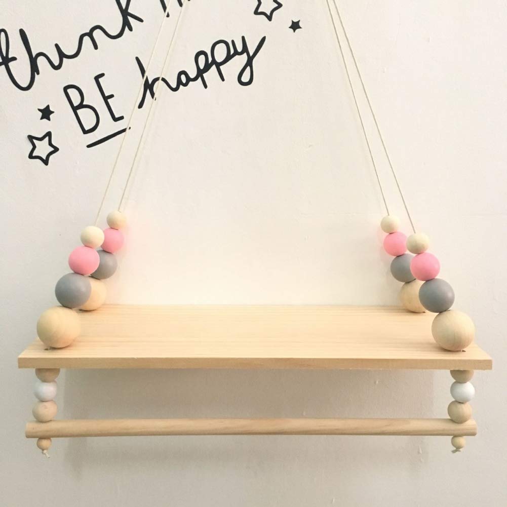 Nordic Style Double-Layer Wood Bead Wall Shelf - Natural Wood Storage Rack for Baby & Kids Room Organization - DIY Hanging Decor for Nursery, Playroom, and Bedroom