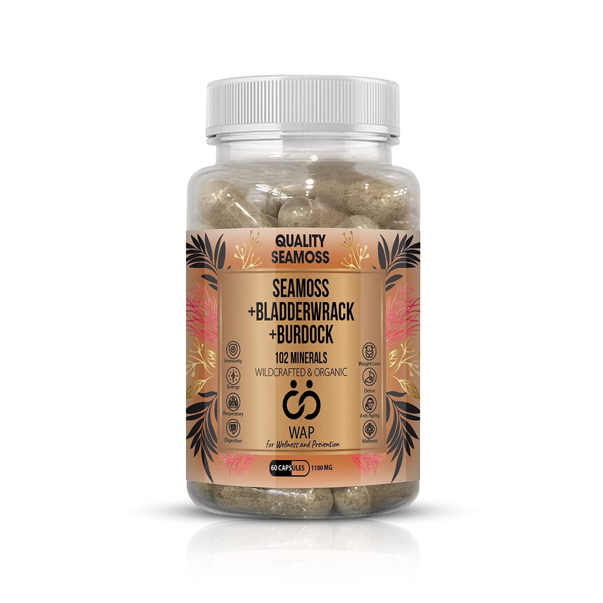 102 Minerals Plus 100% Wildcrafted Purple Seamoss (Jamaica) & Irish Carrageen Moss with Bladderwrack & Burdock Root - Non-GMO, 60 Vegan Capsules for Immune Support & Detox - Perfect for Smoothies, Wellness Routines & Natural Energy Boost