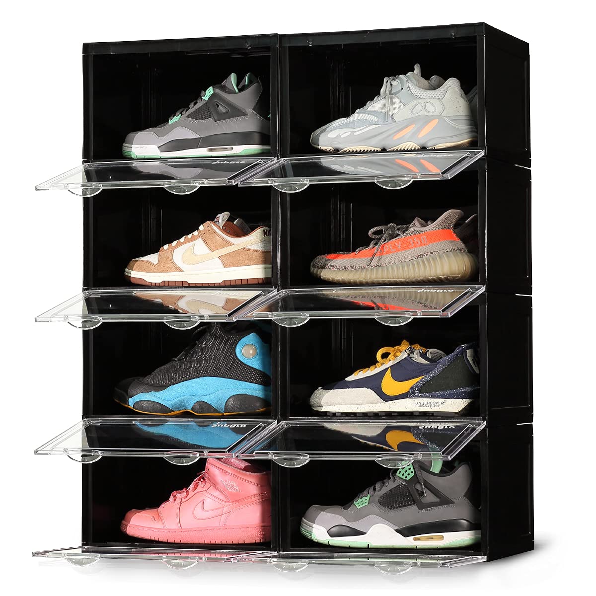 SupBro 8-Pack Black Foldable Stackable Shoe Storage Box with Clear Side Door - Plastic Sneaker Display Organizer for Easy Access & Space Saving - Perfect for Closet, Bedroom, or Sneaker Collection Organization