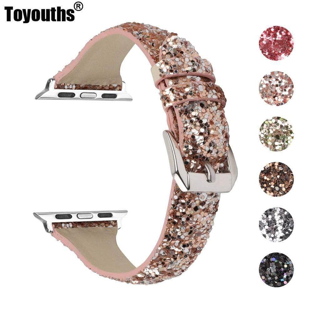 Sparkle Glitter Leather Apple Watch Band for Series 6/5/4/3/2/SE - 44mm 42mm 40mm 38mm - Stylish Accessory for Workouts, Parties & Everyday Wear