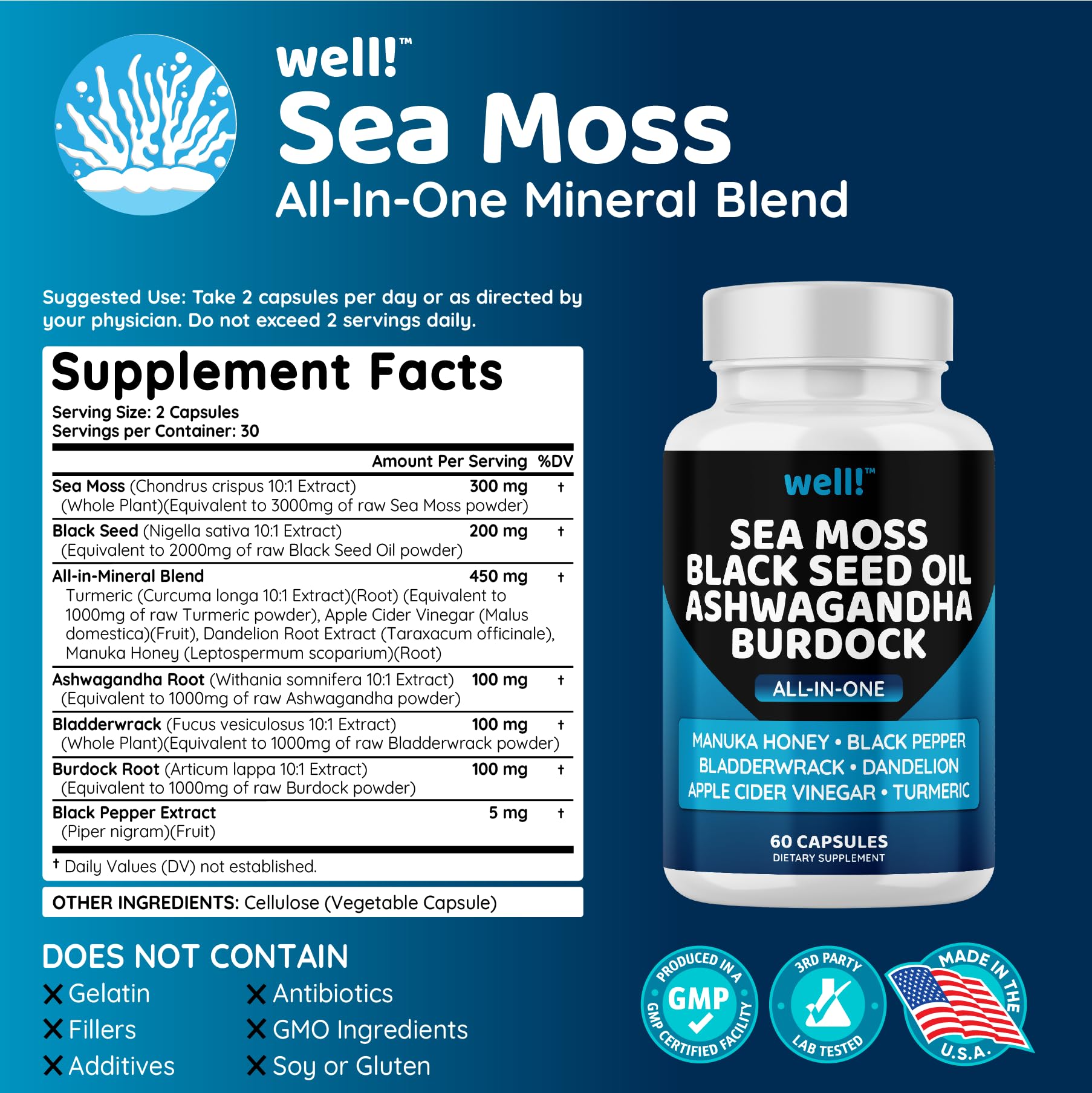 Sea Moss 3000mg, Black Seed Oil 2000mg, Ashwagandha 1000mg with Bladderwrack & Maca Root - Turmeric, Manuka Honey, Dandelion & Black Pepper Superfood Supplement for Immune Support, Energy Boost & Stress Relief - Perfect for Daily Wellness & Detox