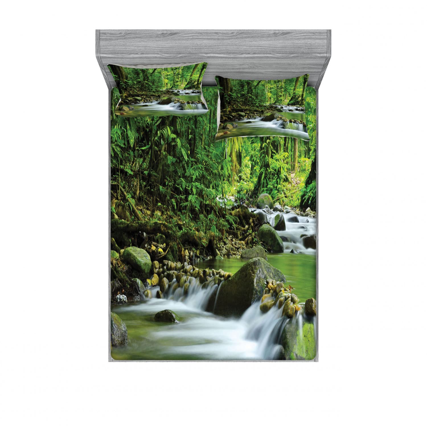 Ambesonne 2-Piece King Size Fitted Sheet Set with 4 Pillow Shams - Tropical Mountain Stream Design in Green & Brown - Soft Bedding for Master Bedroom, Guest Room or Vacation Home Decor