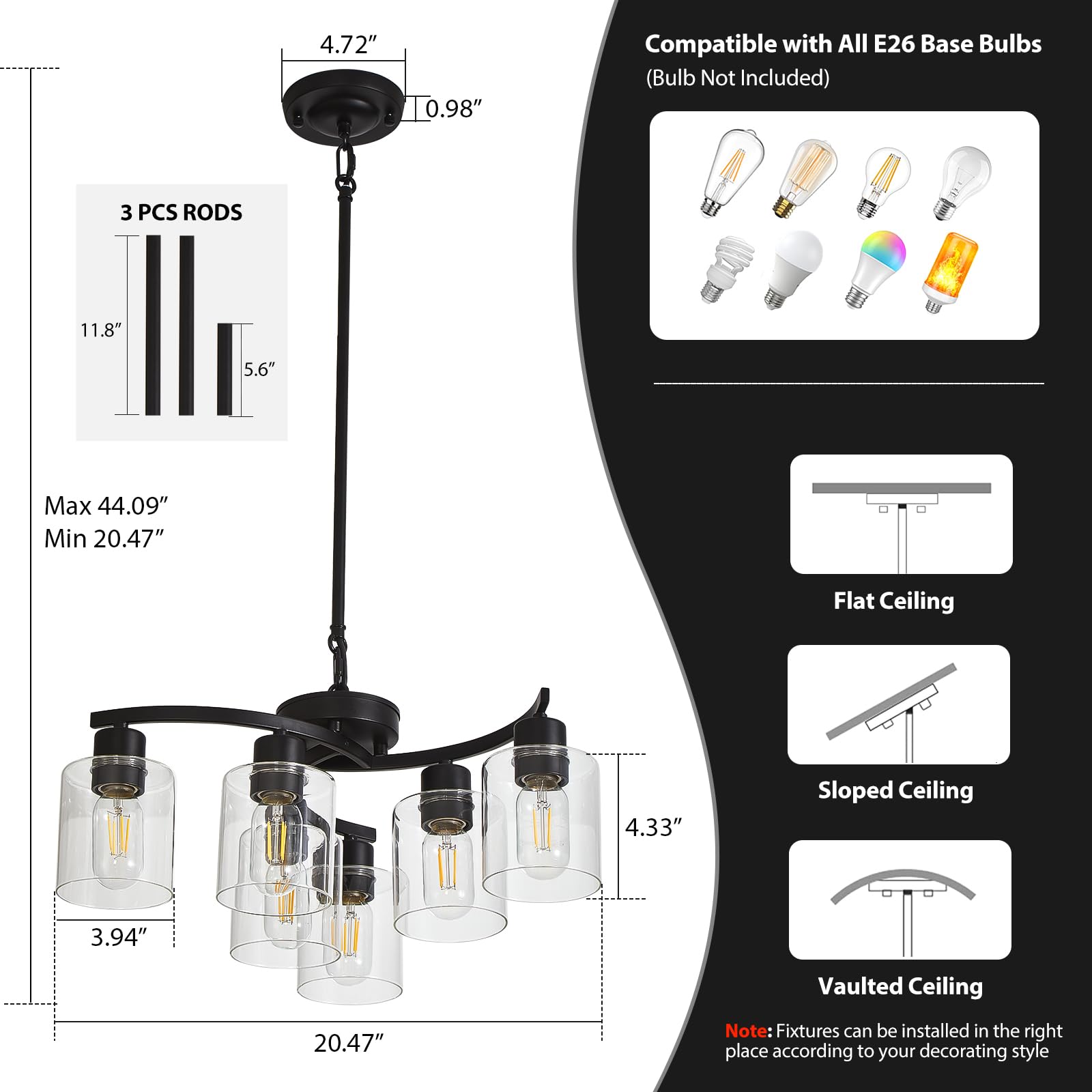 6-Light Modern Farmhouse Chandelier - Black Industrial Pendant Ceiling Light with Clear Glass Shade - Contemporary Hanging Lighting Fixture for Dining Room, Living Room, Kitchen Island & Entryway