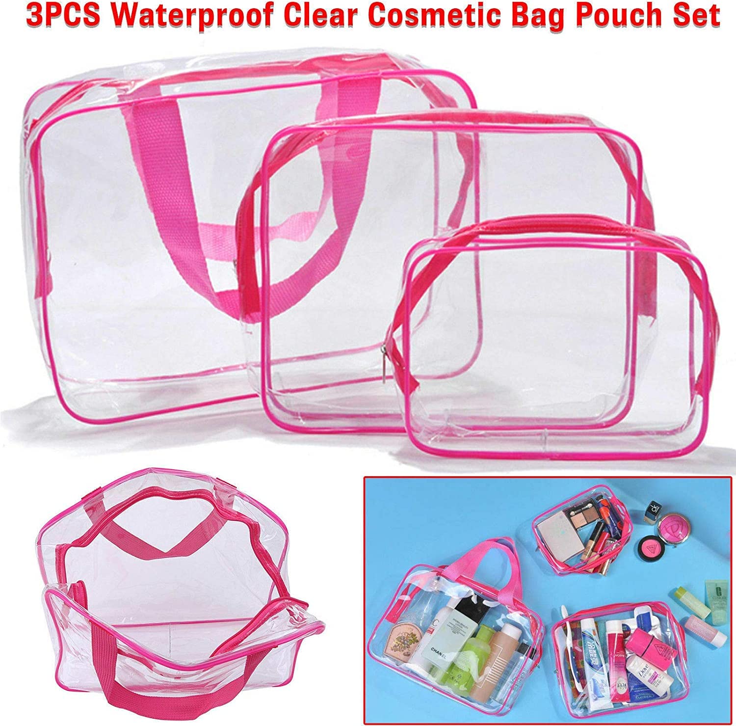 GLAMZA® Clear Travel Toiletries Bag Set of 3 - Waterproof PVC Cosmetic Organizer for Makeup, Shampoo & Toiletries | Perfect Wash Bag for Men & Women Travel | Includes Travel Perfume Atomizer (Pink) - Ideal for Airplane, Camping & Gym Essentials