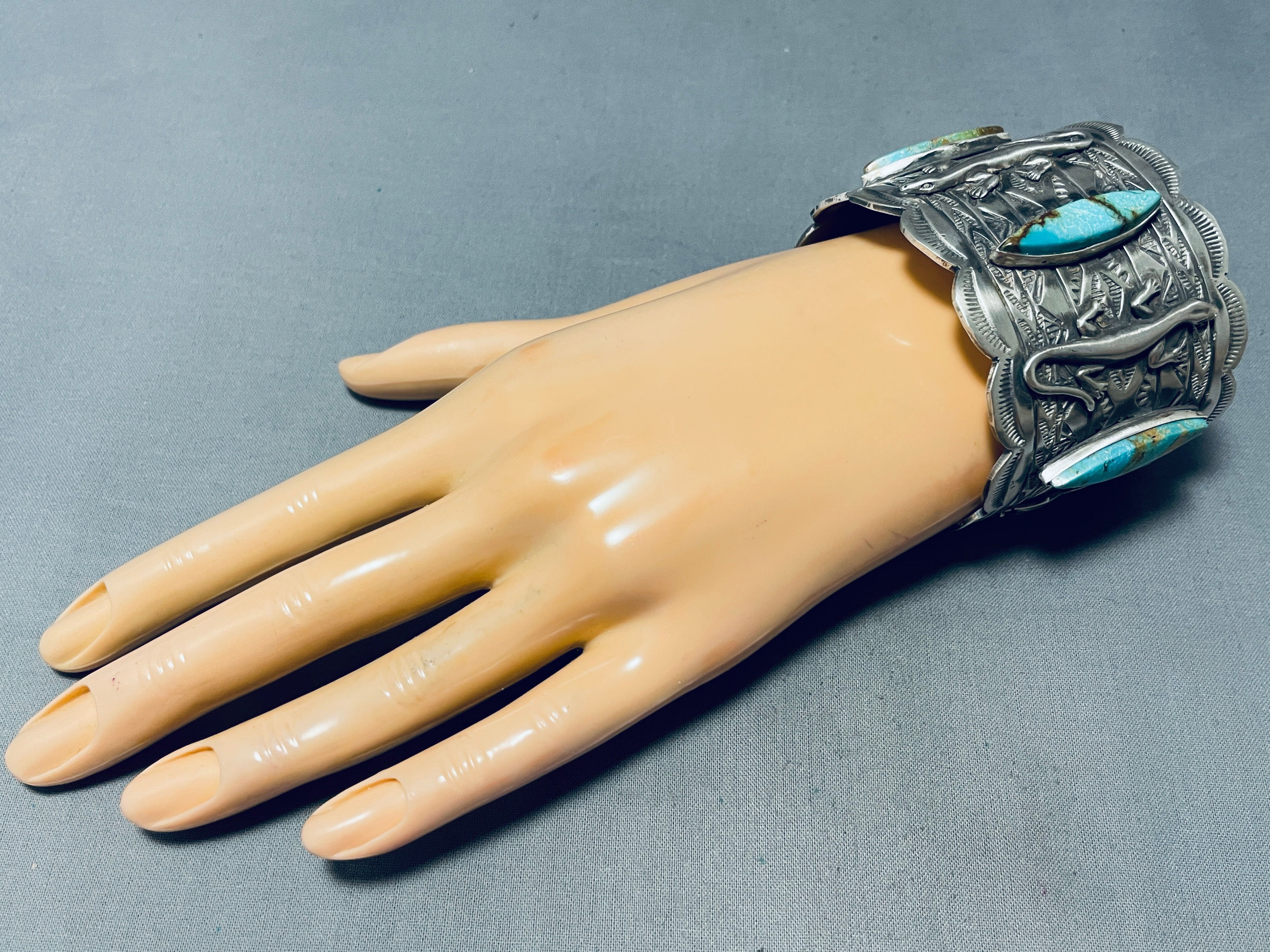 Authentic Native American Navajo Royston Turquoise Sterling Silver Gecko Bracelet - 100+ Grams - Handcrafted Jewelry for Women - Perfect for Boho, Western & Festival Fashion