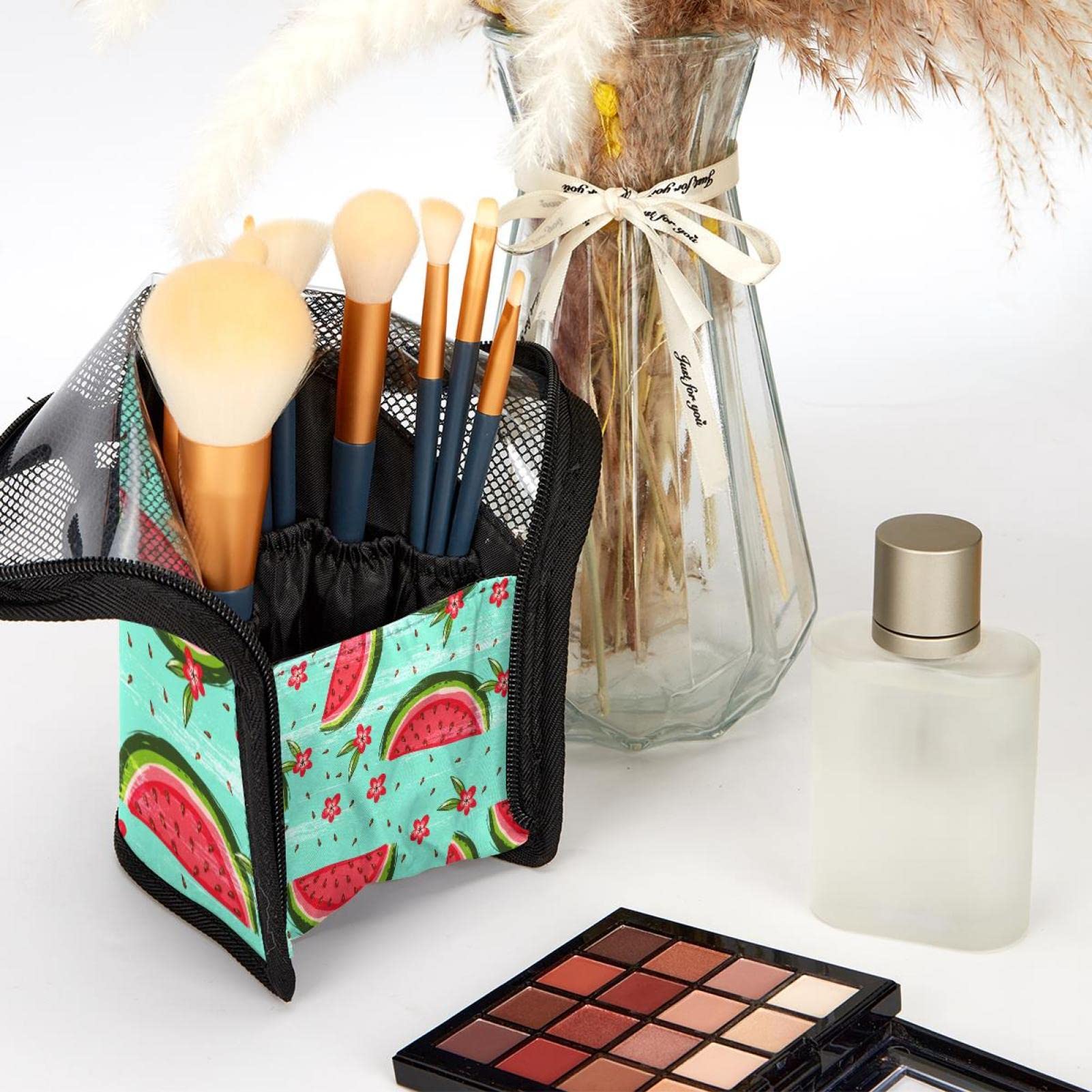 12-Piece Makeup Brush Organizer Bag with Daisy Watermelon Green Design - Portable Cosmetic Brush Holder Case for Travel & Home Storage