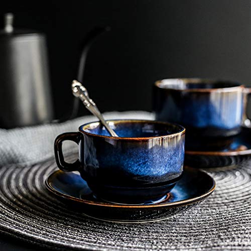 Premium Deep Blue Ceramic Coffee Cup and Saucer Set - 4-Piece Elegant Tea Cup Set for Espresso, Latte & Cappuccino - Perfect for Home, Office & Cafe Use