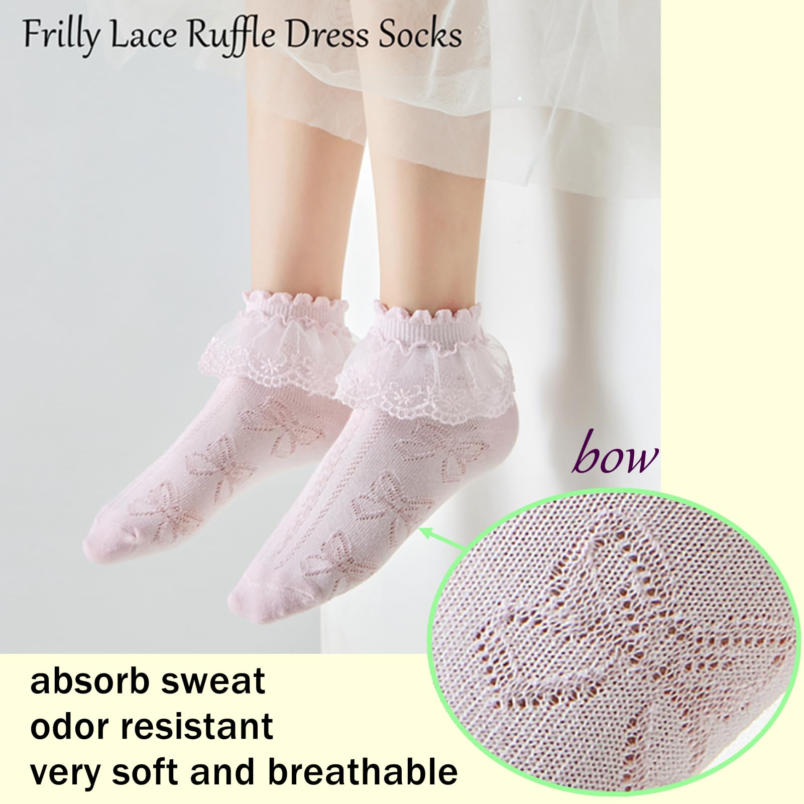 5 Pairs Girls Mesh Ruffle Lace Trim Cotton Ankle Socks - Princess Style Frilly Dress Socks for Toddler Girls - Perfect for Parties, School & Special Occasions