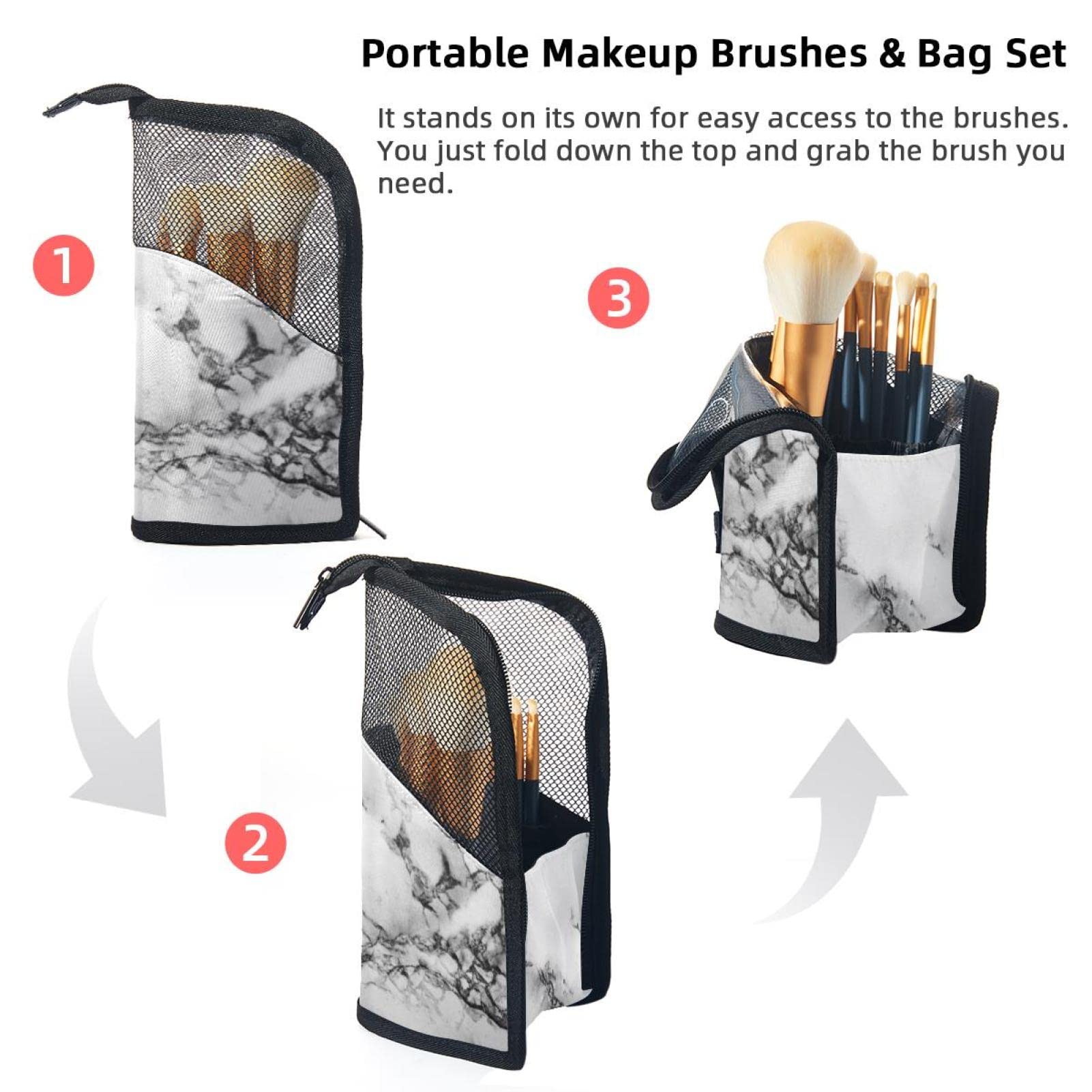 12-Piece Makeup Brush Organizer Bag with Classic Marble Texture - Portable Travel Cosmetic Brush Holder Case for Professional Makeup Artists & Beauty Enthusiasts (Perfect for Home, Travel & Salon Use)